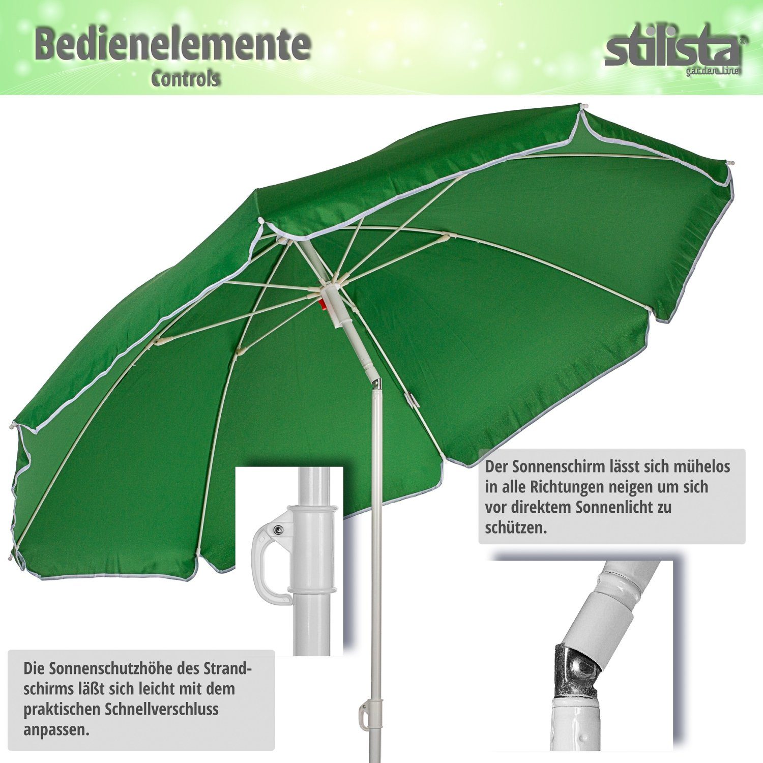 STILISTA Sonnenschirm Strandschirm Balkonschirm Terrassenschirm Schirm, Ø 140 cm, UV 30+, Erdspieß, Neigungswinkel, inklusive Schutzhülle