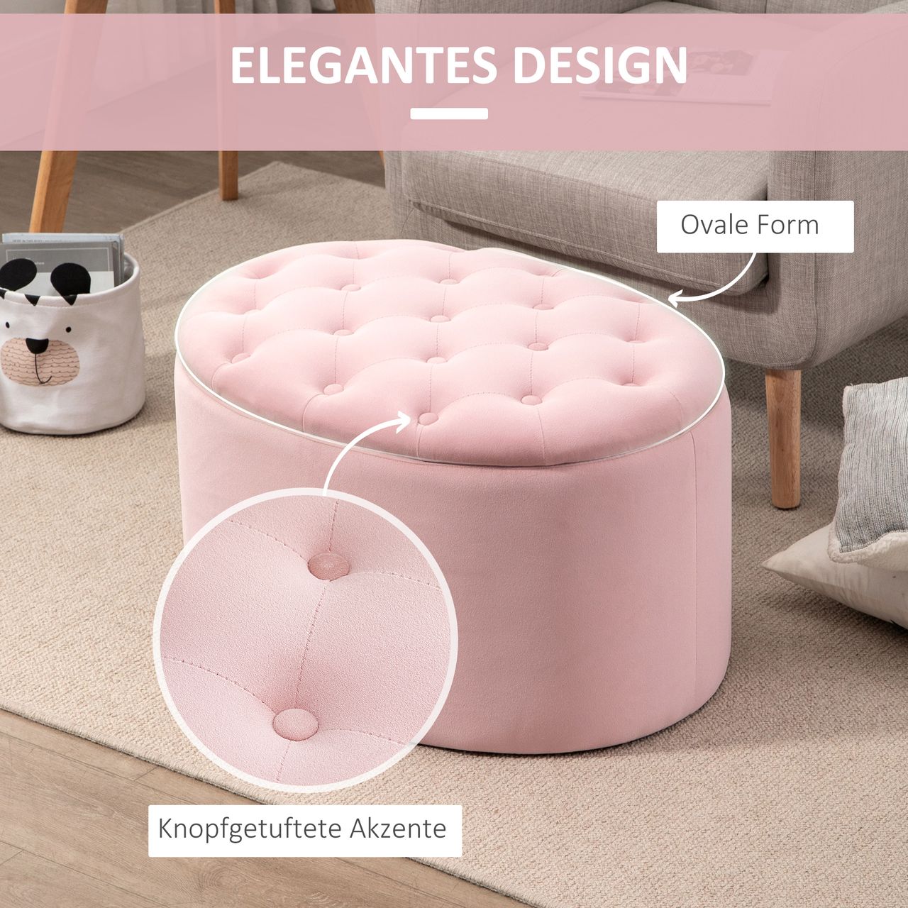 HOMCOM Sitzbank Polsterbank mit Stauraum Truhenbank Ovale Form Flur Schlafzimmer Wohnzimmer samtartiges Polyester Gummiholz Rosa 71 x 52 x 42 cm