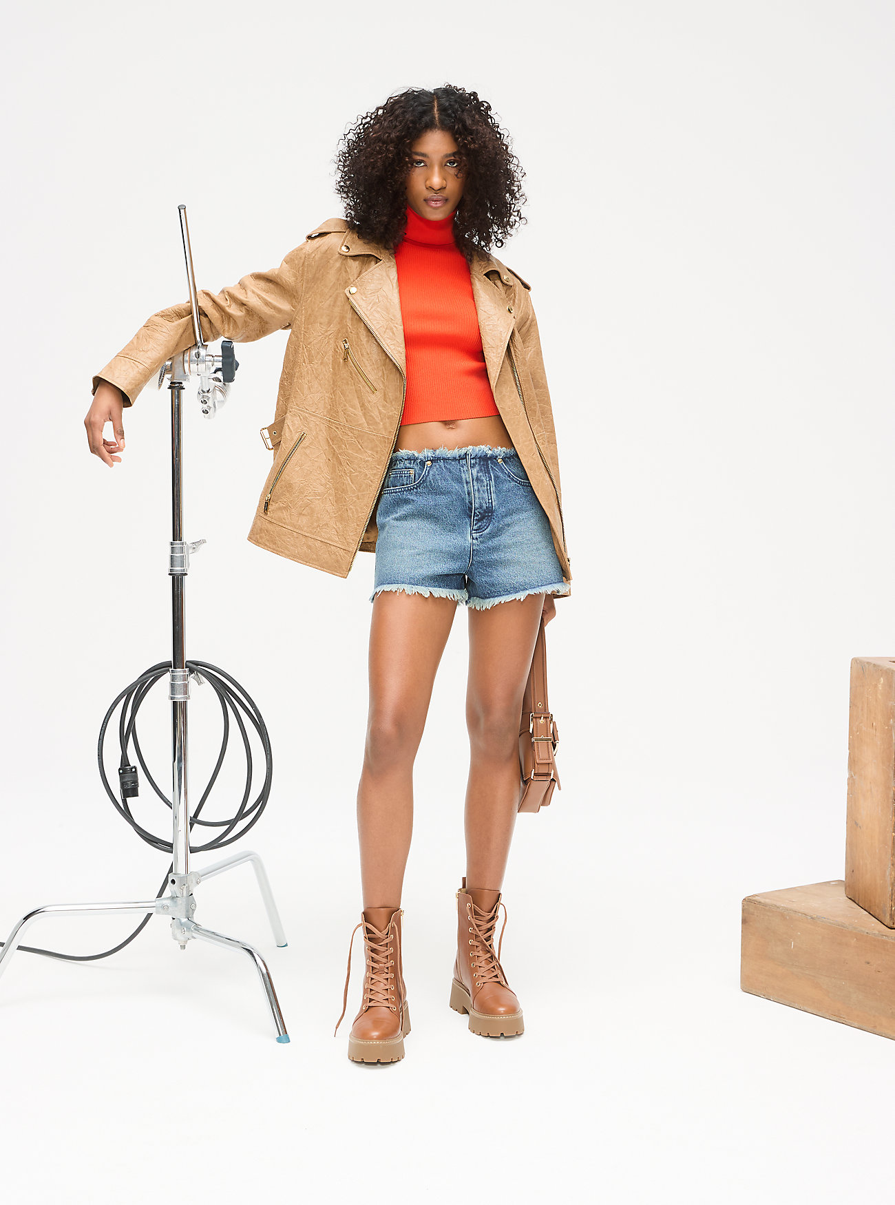 Oversized Crinkled Leather Moto Jacket - DARK CAMEL