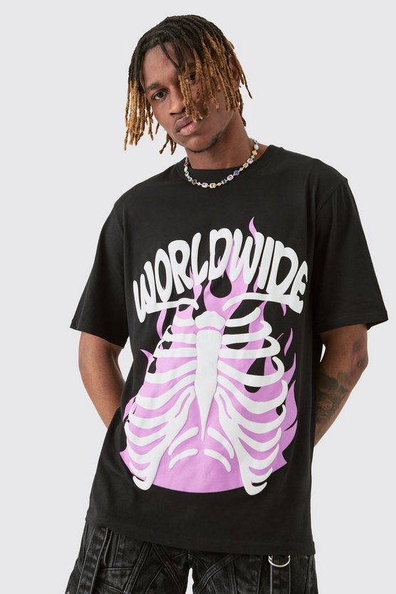 Tall schwarzes T-Shirt mit Worldwide Skelett-Print