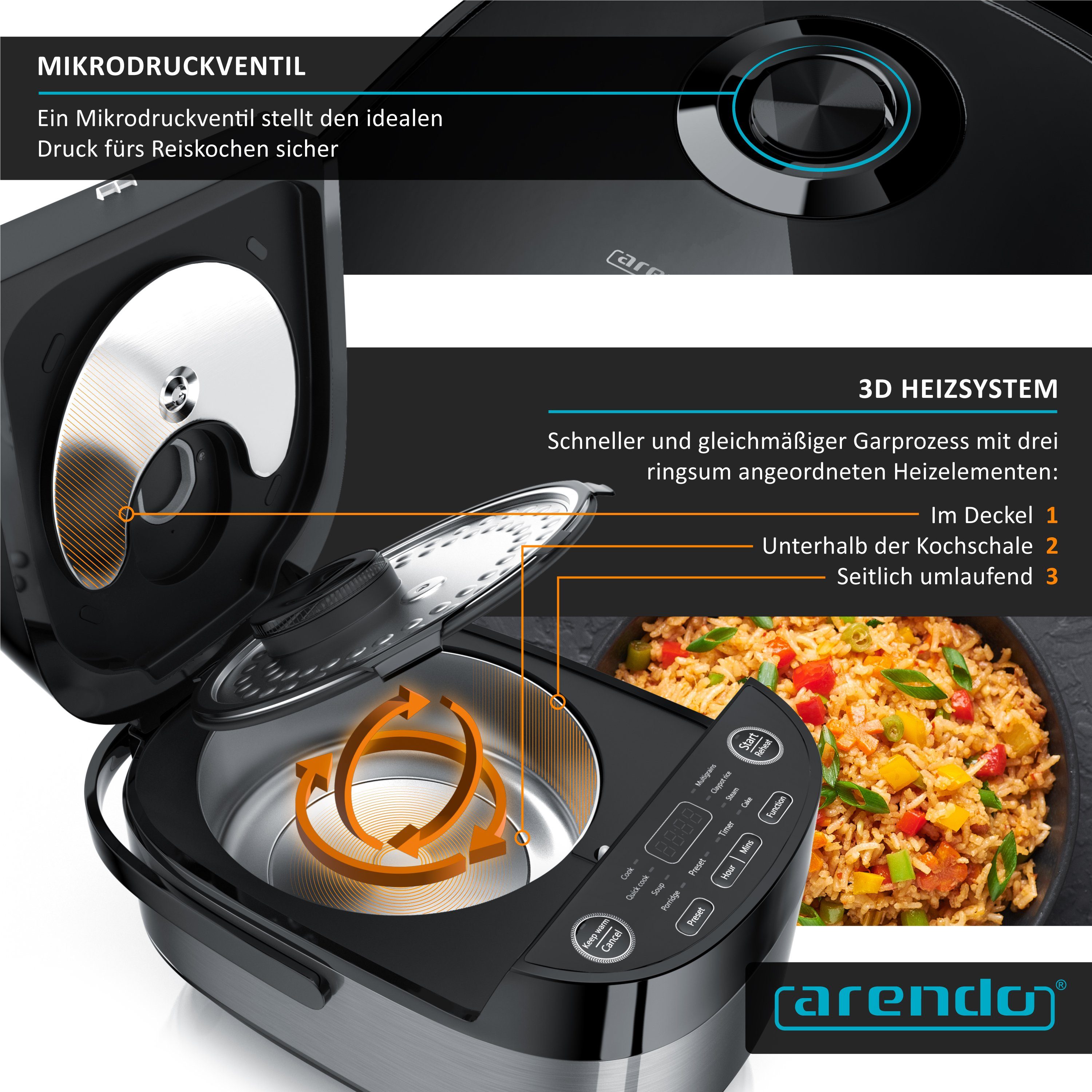 Arendo Reiskocher, 800 W, Multikocher, Dampfgarer, 3D Heizsystem, 8 Programme, Warmhaltefunktion