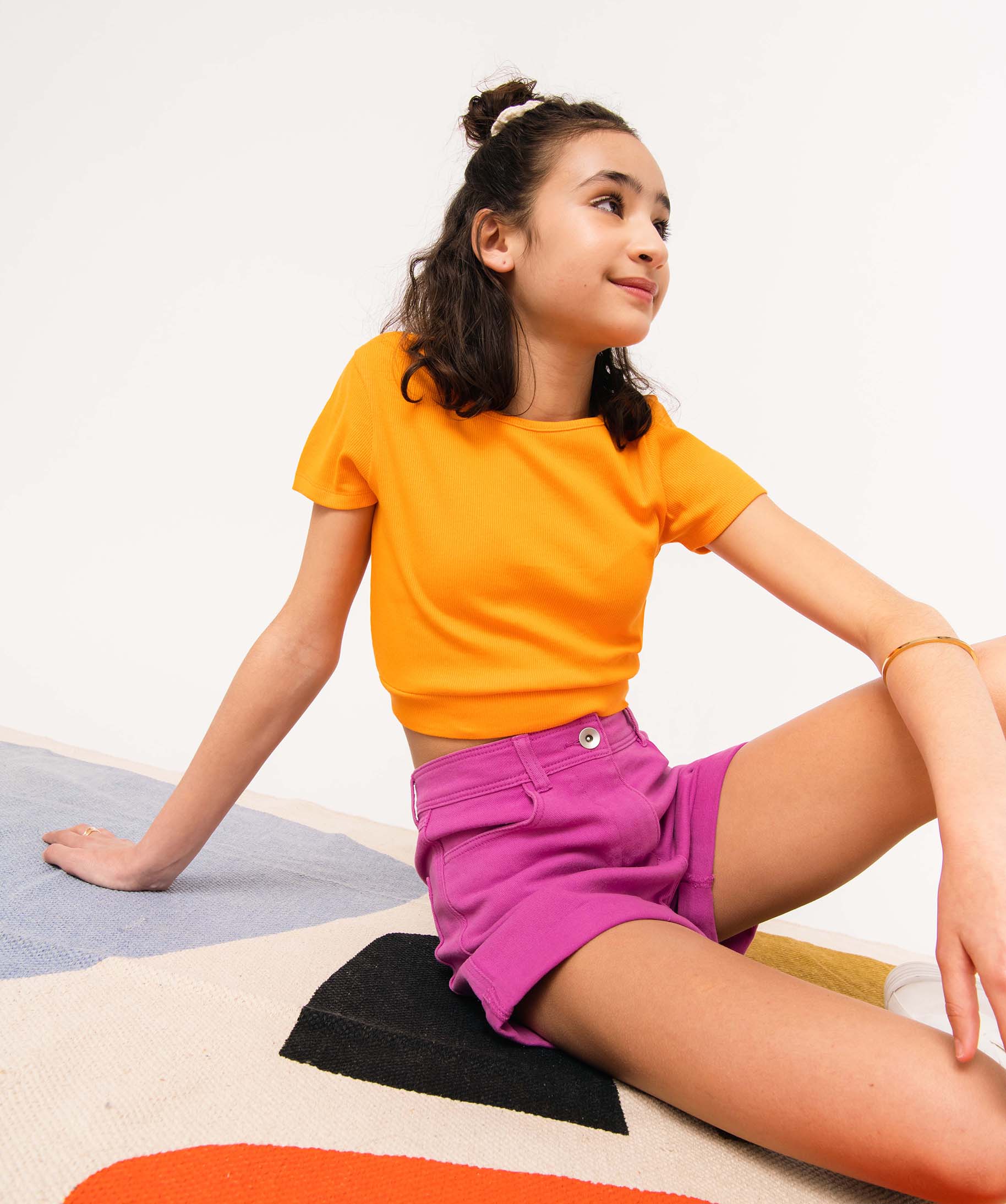Short fille en toile denim avec revers violet | GEMO