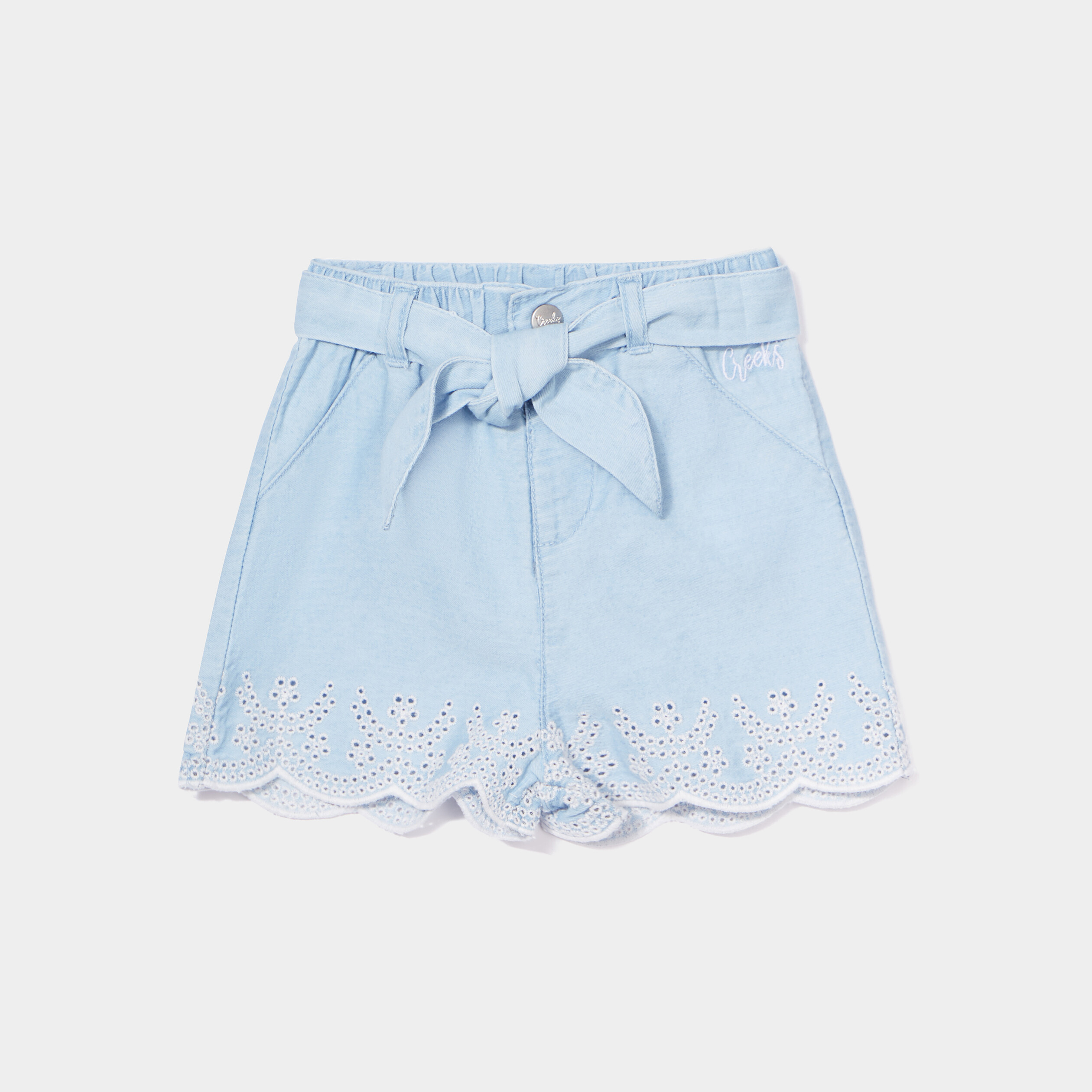 Short en jean ceinturé broderie anglaise denim bleach bébé fille | La Halle