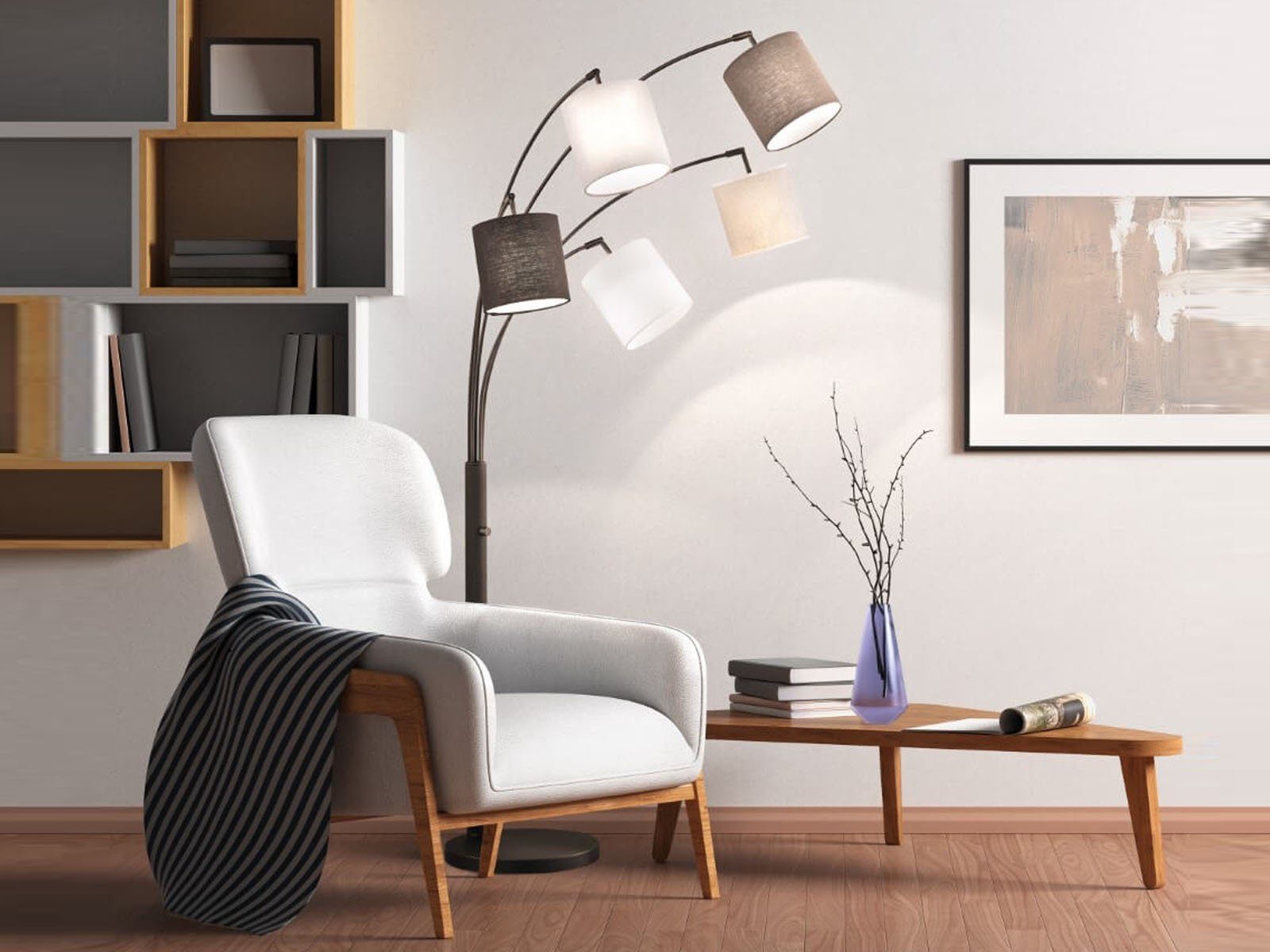 meineWunschleuchte LED Bogenlampe, mitgelieferte Leuchtmittel stufenweise über Lampenschalter dimmbar, LED wechselbar, Warmweiß, Designer Stehlampe ge-bogen mit 5x Stoff Lampenschirm dimmbar H: 180cm