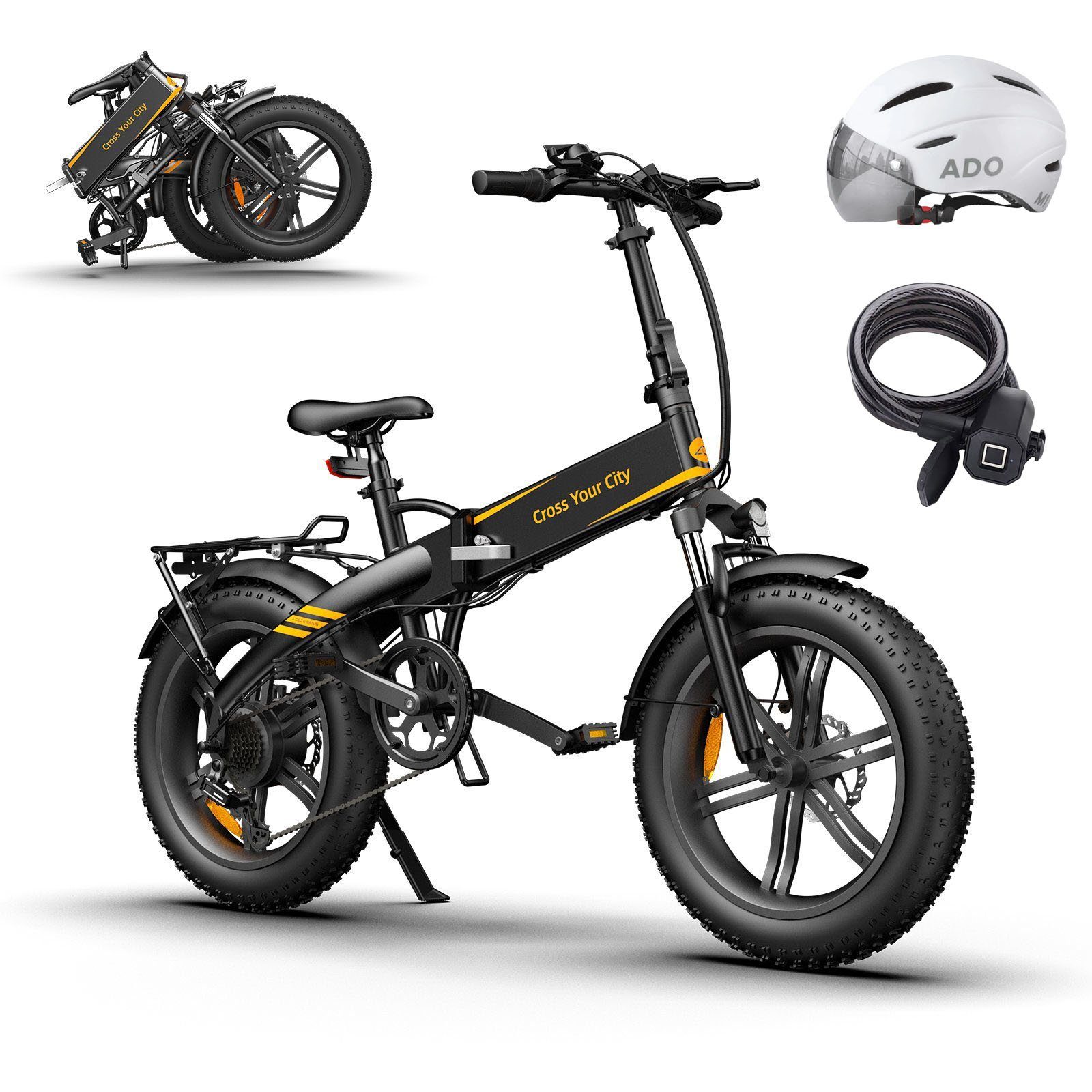 ADO E-Bike Klapprad Pedelec E-Bike 20X4.0 Fetter Reifen, Gepäckträger, 7 Gang, Kugelschaltung, ebike Damen/Herren, Lampe, +Fingerprint-Schloss/Helm