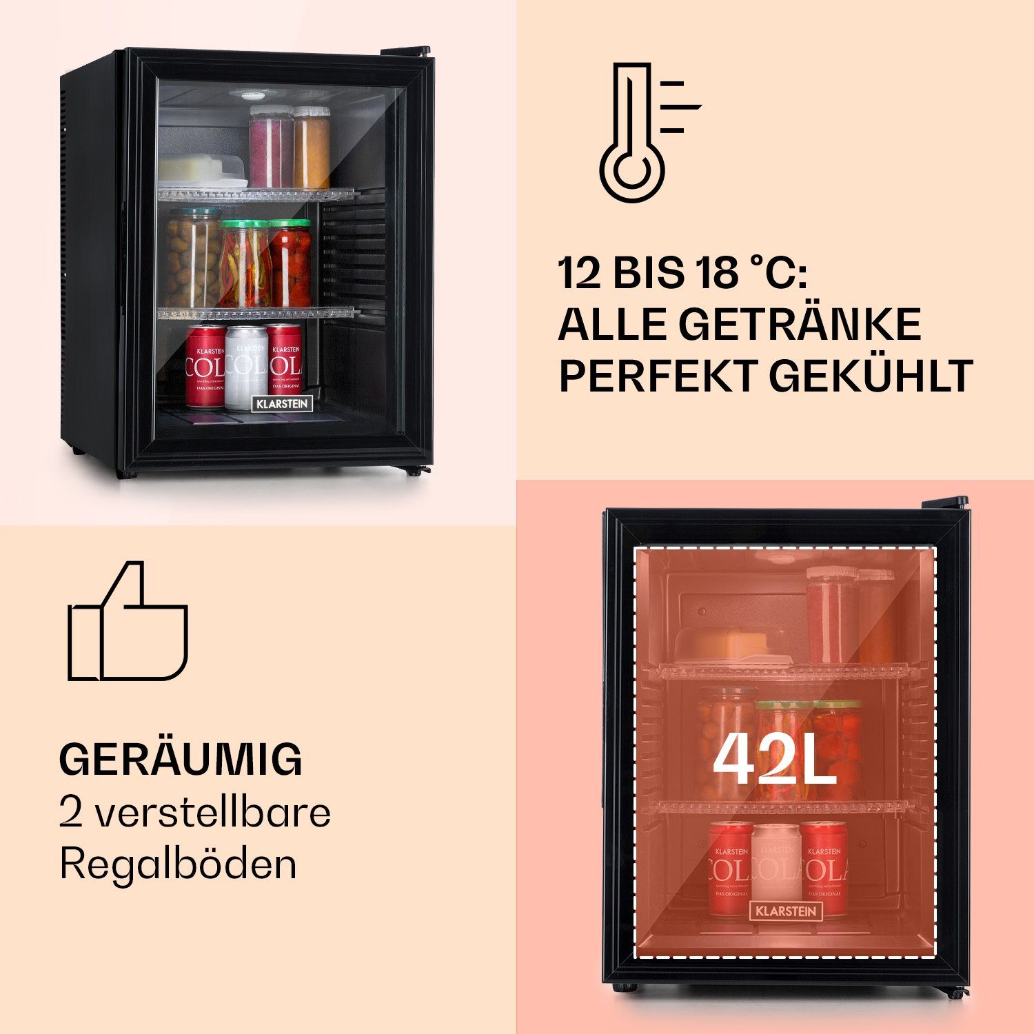 Klarstein Table Top Kühlschrank BCH-50BG Blk 10033822A, 53.5 cm hoch, 40 cm breit, Hausbar Minikühlschrank ohne Gefrierfach Glastür klein Kühlschrank