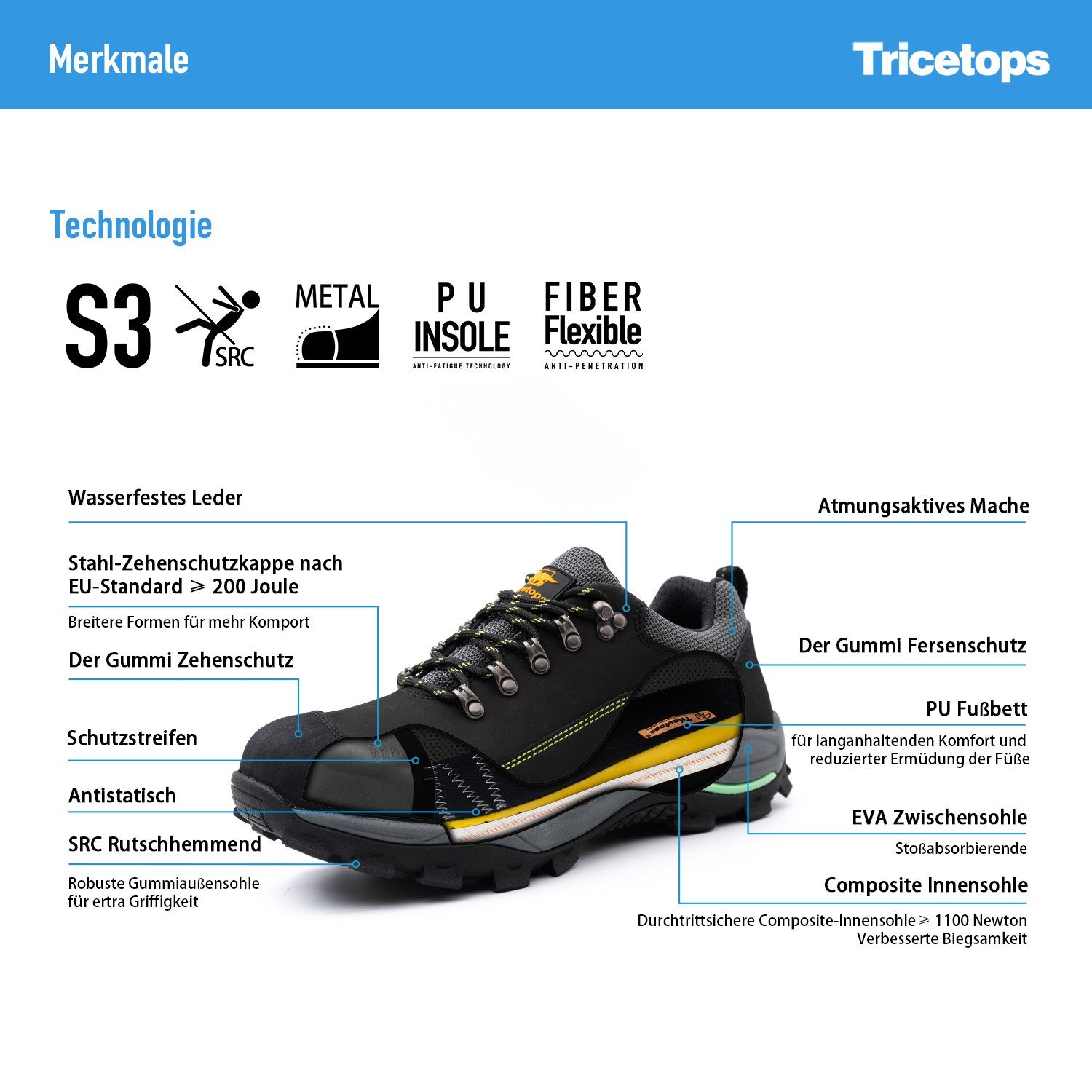 Tricetops Sicherheitsschuhe S3 Herren Damen komfortabel Arbeitsschuhe Arbeitsschuh