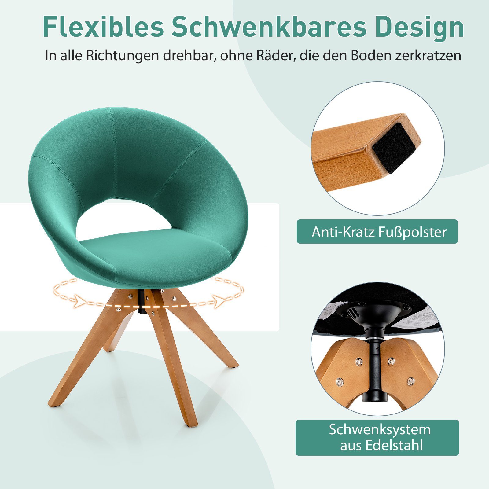 COSTWAY Polsterstuhl, 360° drehbar, mit massiven Holzbeinen, bis 150kg