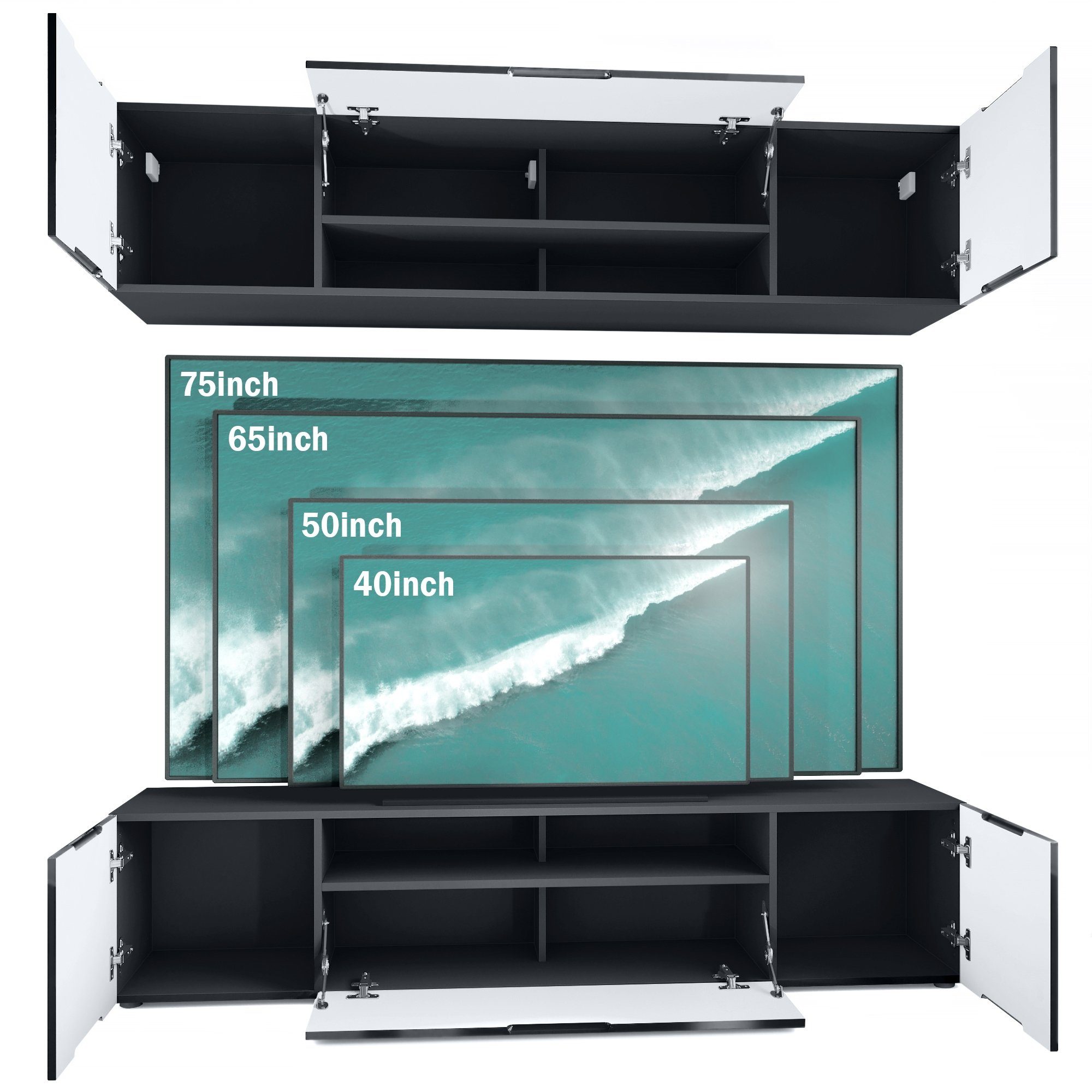 Vladon Wohnwand Mogan, (Anbauwand bestehend aus 2 TV-Boards, 2-St., mit jeweils 2 Türen, 1 Klappe und 1 offenes Fach), Schwarz matt/Sandgrau Hochglanz 2x (181 x 39 x 35 cm)