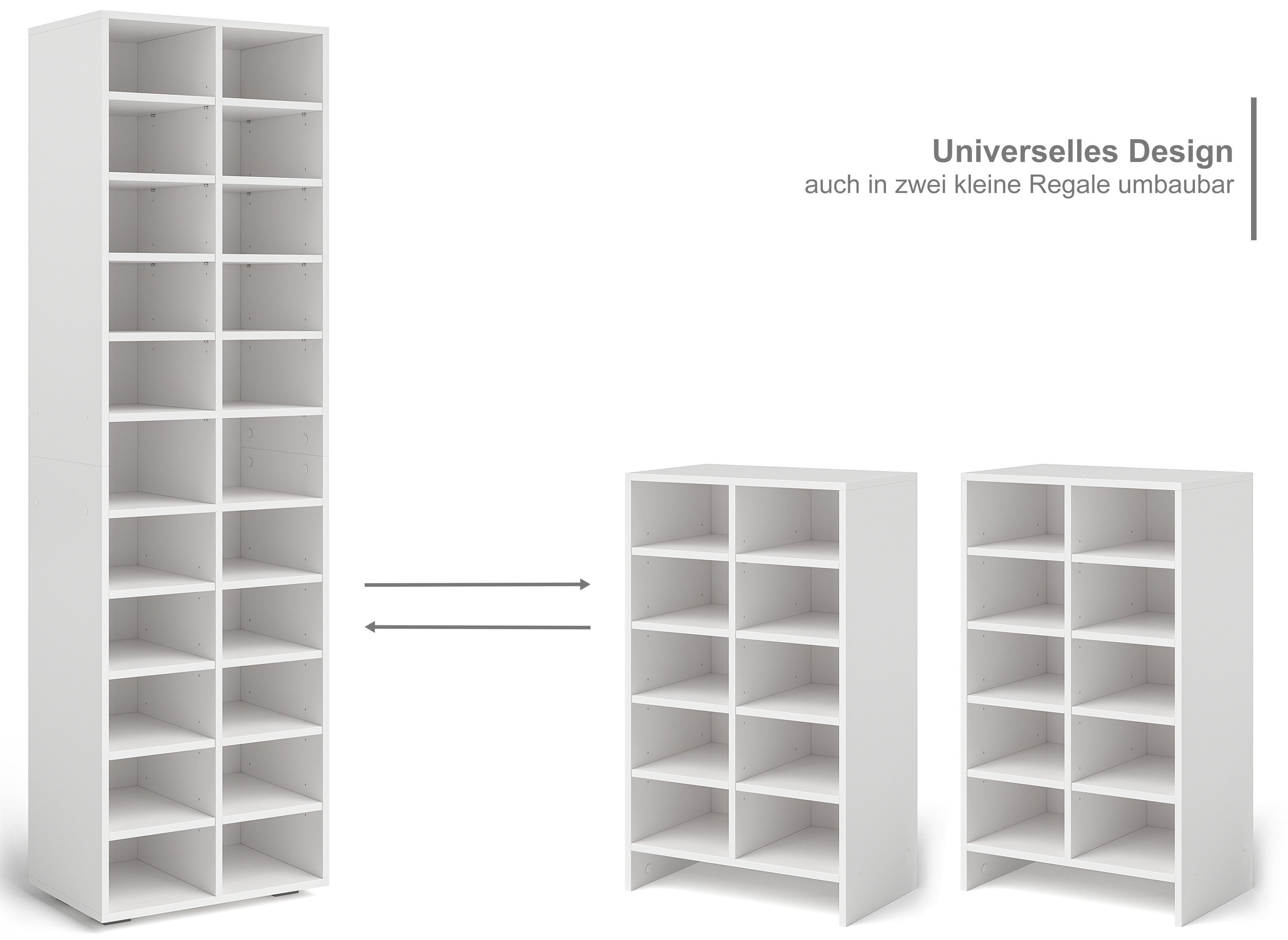 Bellamio Bücherregal Arve, Standregal, Regal weiß, 22 Ablagefächer, umbaubar zu 2 Regalen, Maße 183 x 33 x 54 cm
