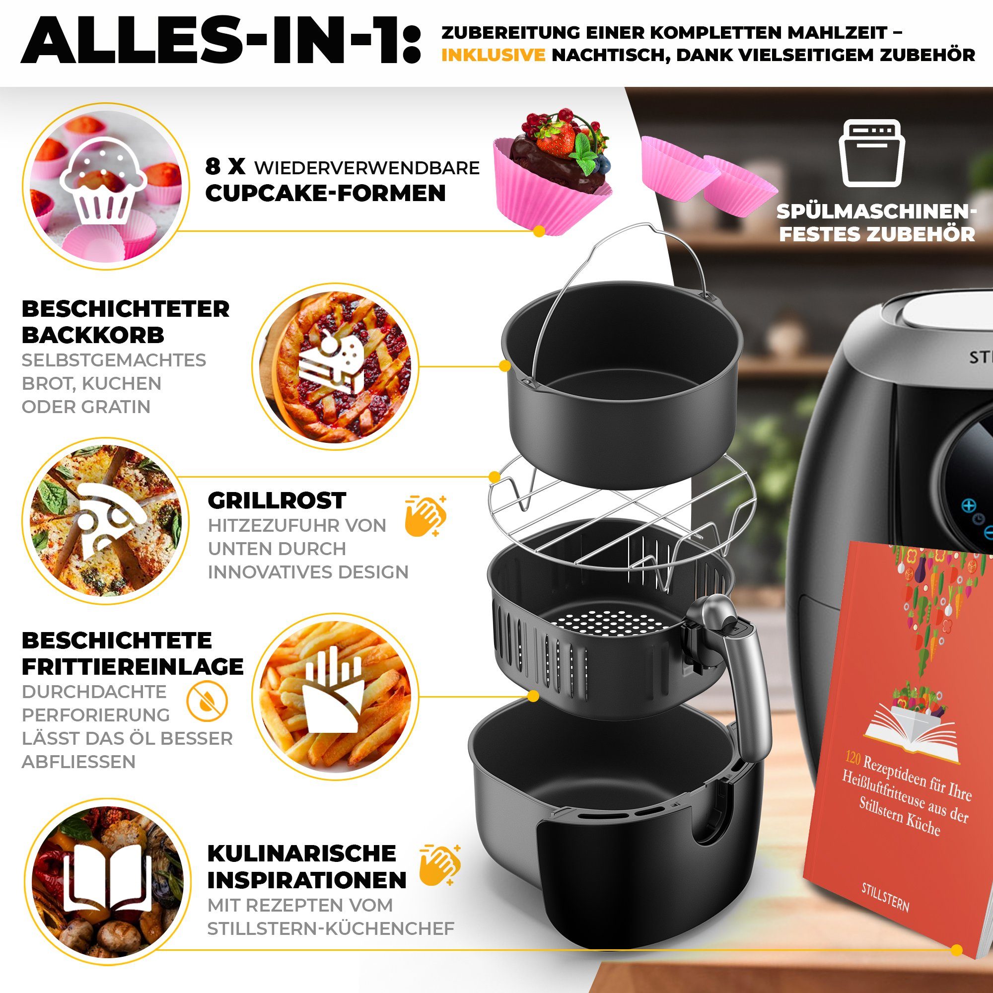 Stillstern Heißluftfritteuse FryHD 3G XL, 5L, 7 Automatikprogramme, LED-Display, 120 Rezepte, Heißluftfritteuse, Schwarz