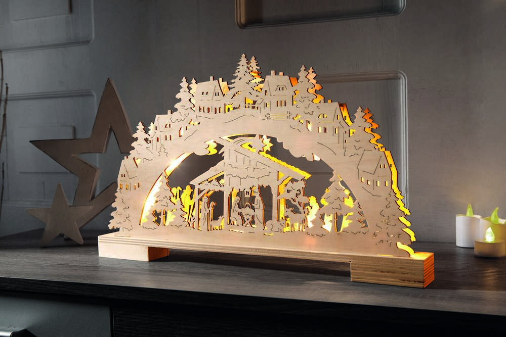 I-Glow LED-Schwibbogen aus Holz - Krippe