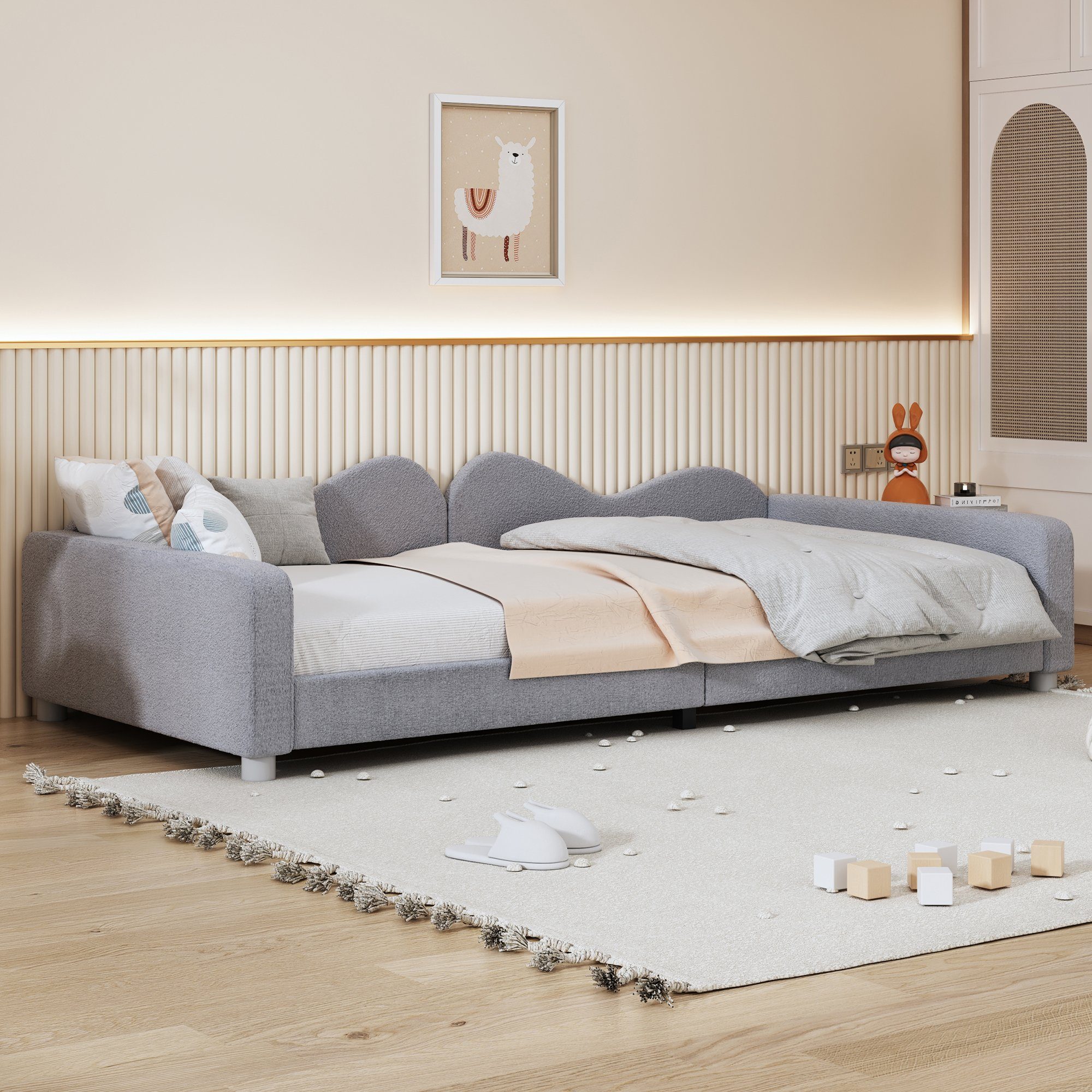WISHDOR Kinderbett Polsterbett, Schlafsofa Gästebett, mit Rückenlehne und Armlehnen (Bettgestell Teddystoff Multifunktionales weiches Bett 90x200 cm), ohne Matratze
