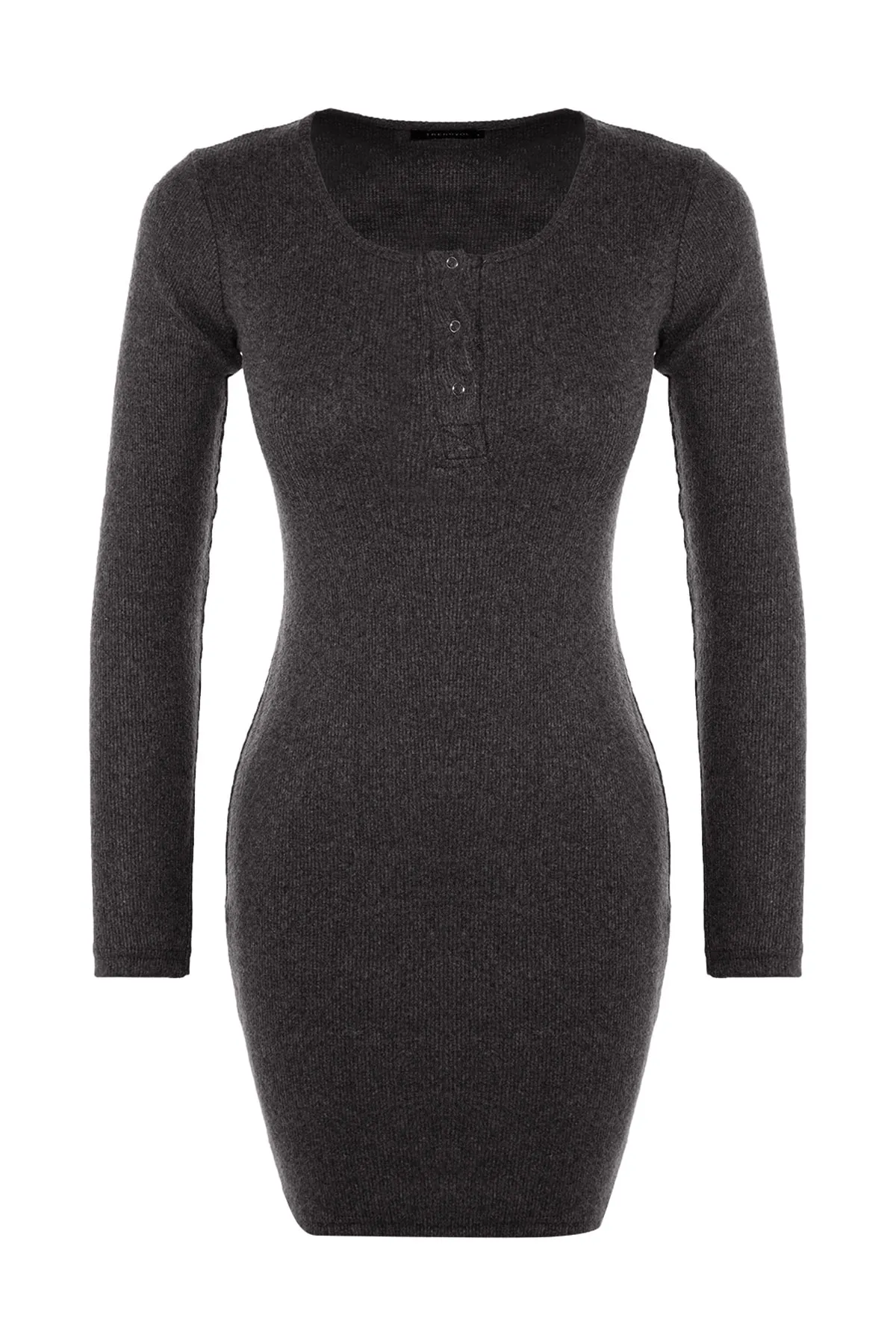 Trendyol Collection  Anthrazitfarbenes, tailliertes, eckiges Kragen-Minikleid aus geripptem, flexiblem Strick mit Druckknopfdetail TWOAW23EL01393