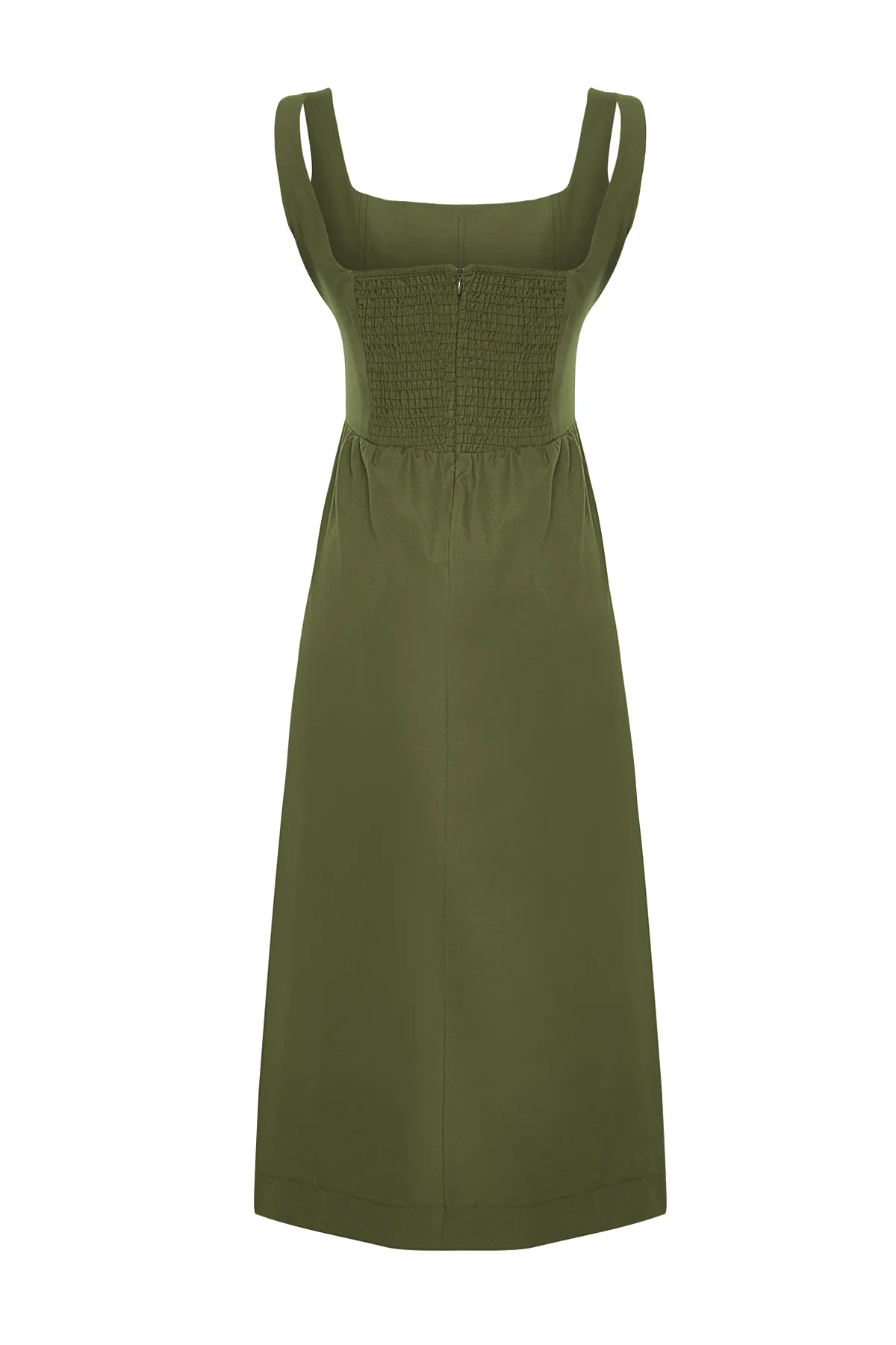 Trendyol Collection  Khakifarbenes gewebtes Midikleid mit Taillenöffnung und Korsett-Nähten TWOSS24EL00038