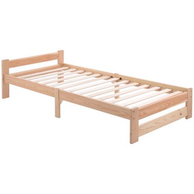 OKWISH Massivholzbett Natur Bett, Futonbett, Massivholzbett Einzelbett Kinderbett Gästebett (mit Kopfteil und Lattenrost, 200x90cm), Matratze nicht enthalten