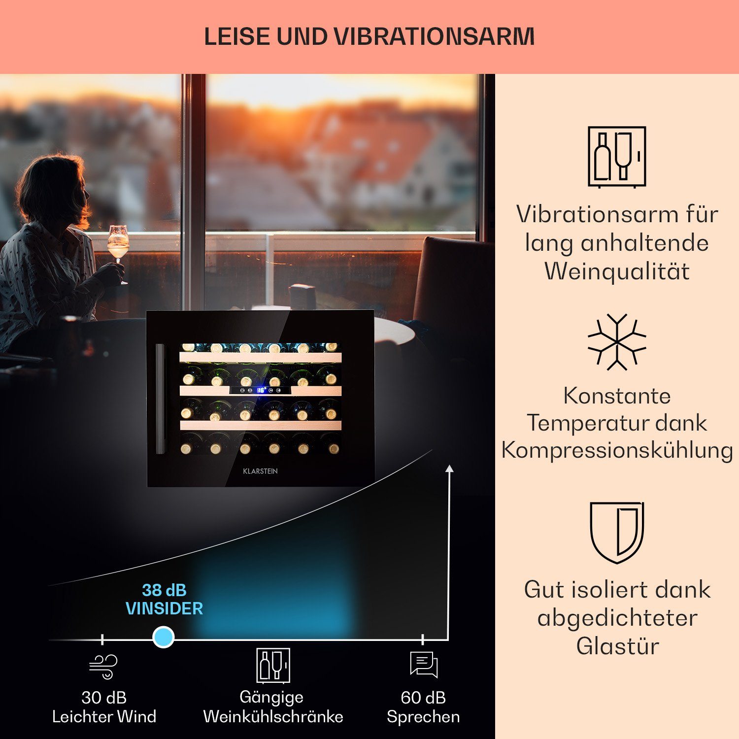 Klarstein Weinkühlschrank Vinsider 24 Onyx Edition, für 24 Standardflaschen á 0,75l,Wein Flaschenkühlschrank Weintemperierschrank Weinschrank Kühlschrank