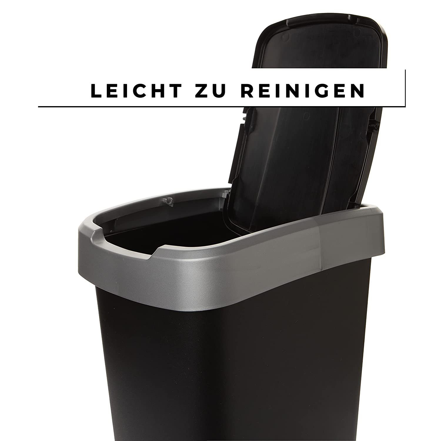 Centi Mülleimer 2 Abfalleimer 25 L mit Schwingdeckel, Mülleimer Küche, Mülltonne mit Deckel, Farbe: schwarz/silber, 33Lx25B x48H cm 25L