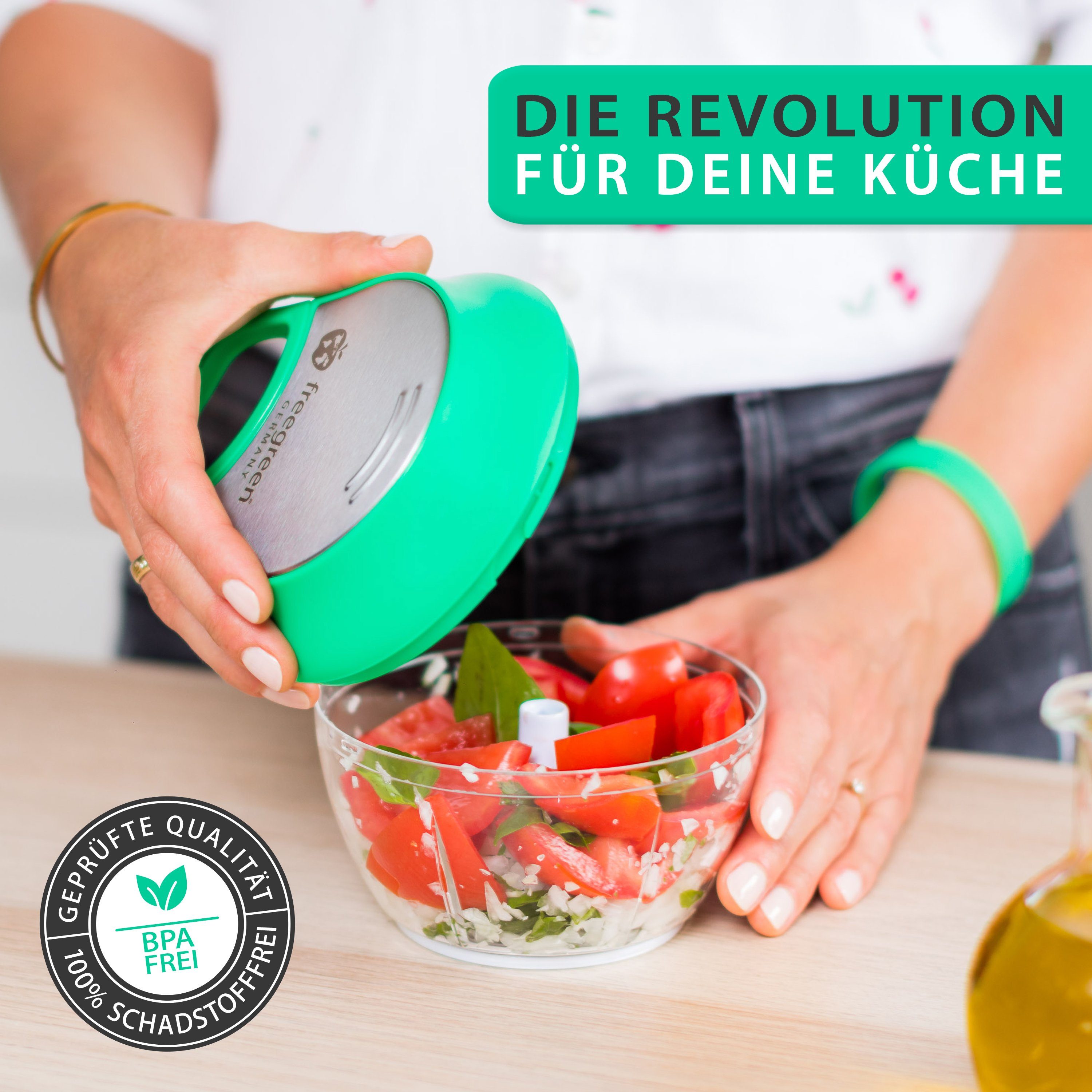 freegreen® Zwiebelhacker 540 ml, Multi-Zerkleinerer I Zwiebelschneider I Universalzerkleinerer, Edelstahl Gemüseschneider mit Mixer-Einsatz und Frischhaltedeckel