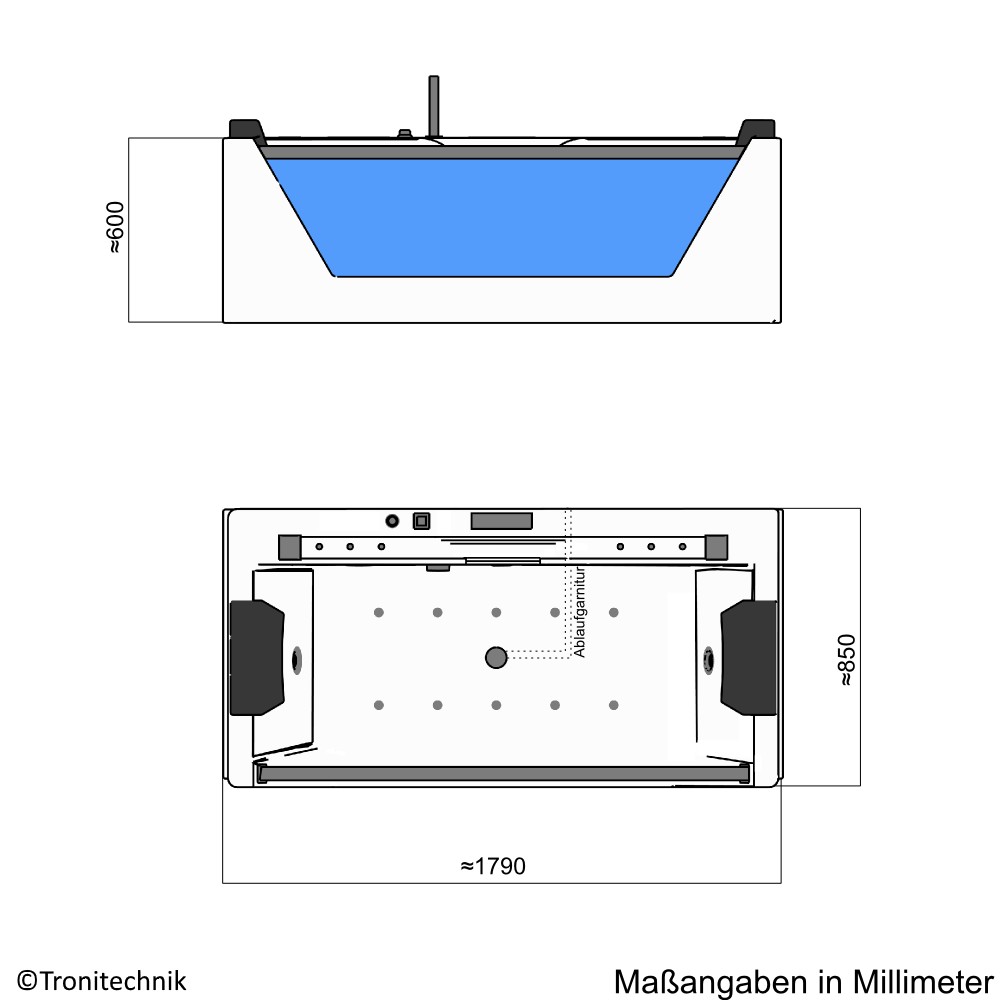 TroniTechnik Whirlpool Badewanne KOS 2 179cm x 85cm Heizung, Hydromassage, mit Bachlauf, Sanitäracryl