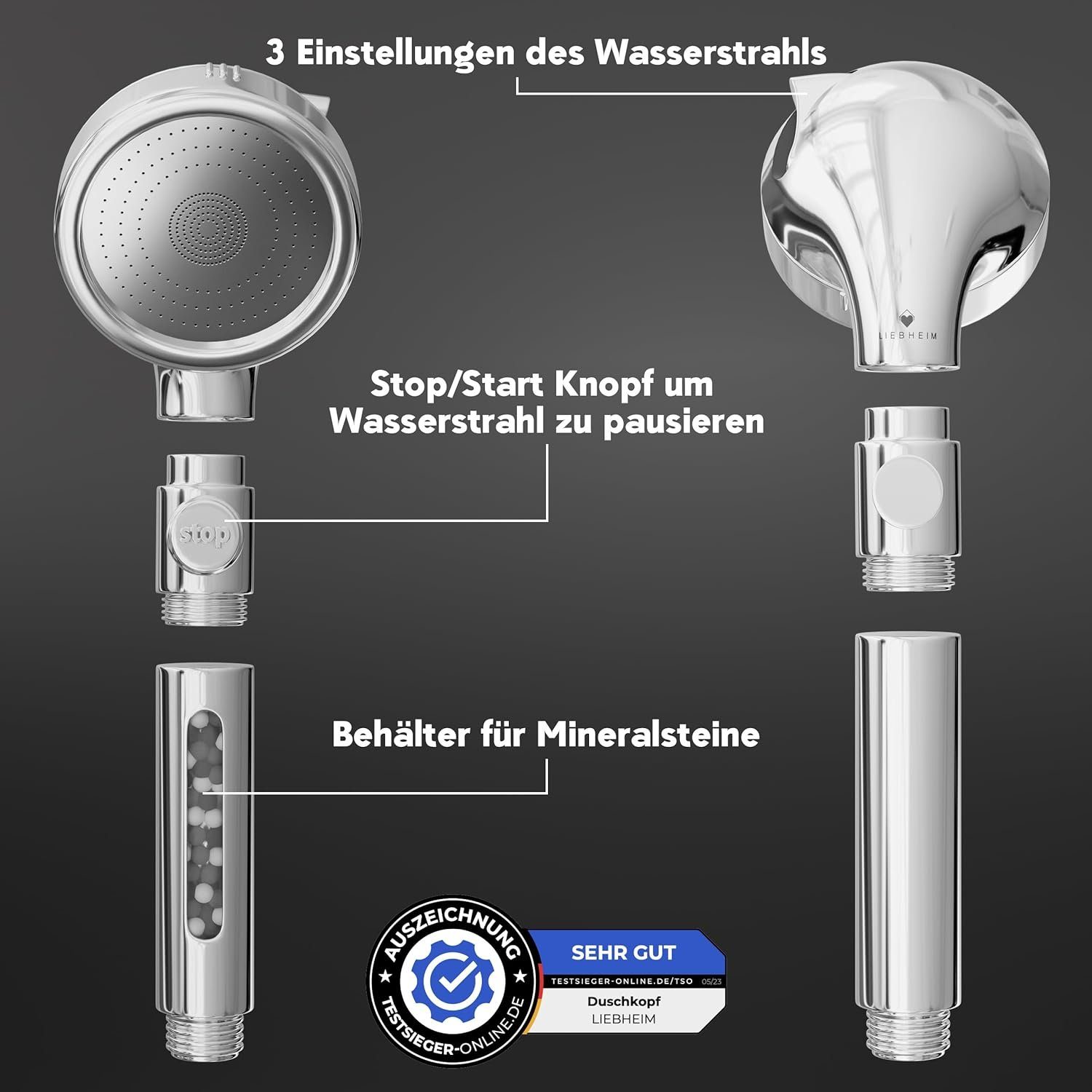 LIEBHEIM Handbrause wassersparend - Sparduschkopf mit Mineralsteinen druckerhöhend 100%