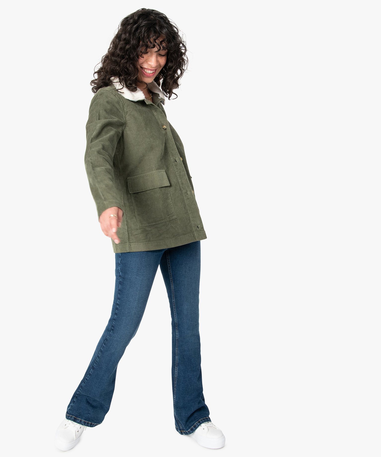 Blouson femme en velours ctelé avec col amovible kaki | GEMO