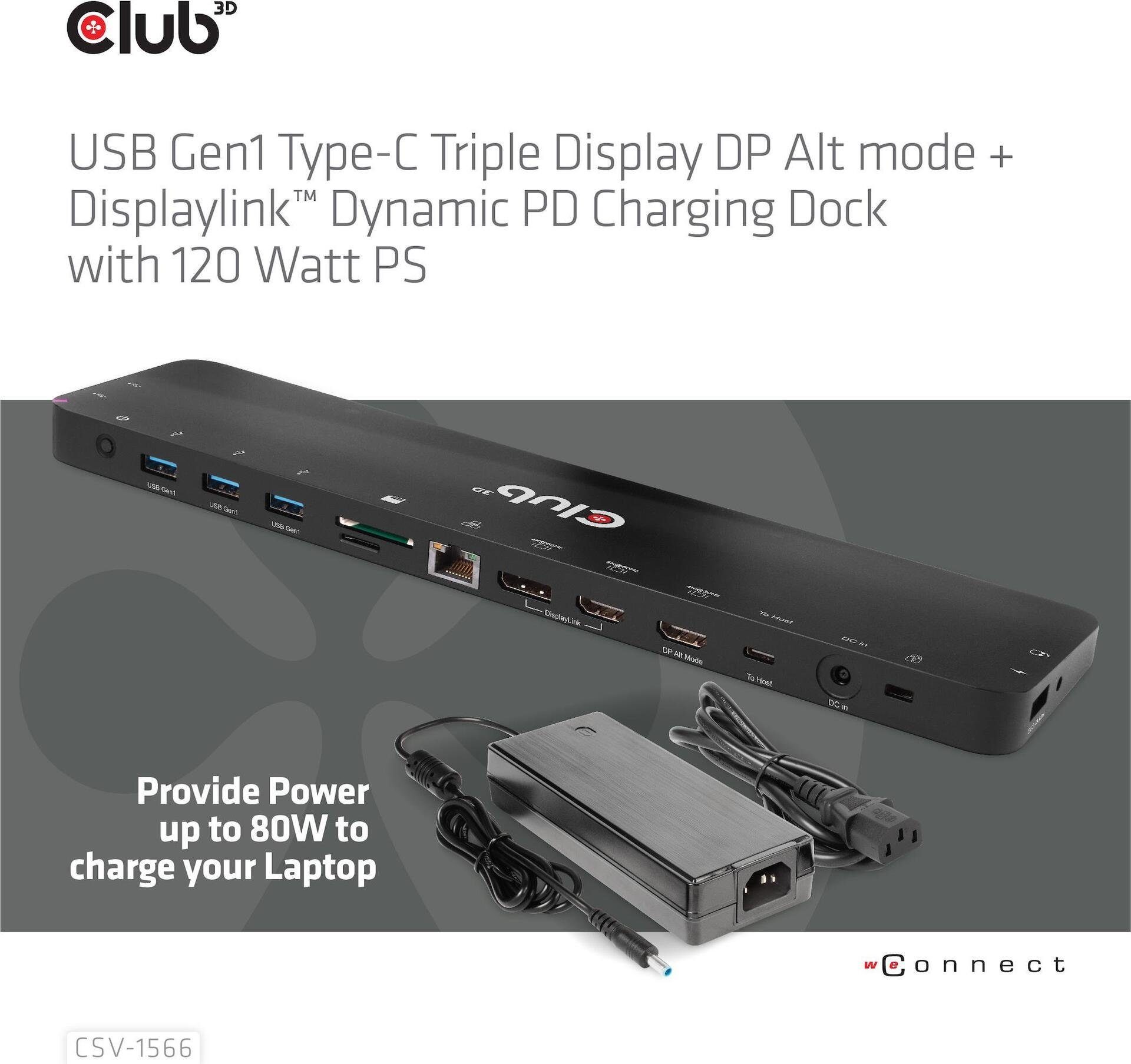 CLUB3D Laptop-Dockingstation CLUB3D 4K ChargingDock USB-C ->6xUSB3/DP/2xHDMI/LAN 120W retail