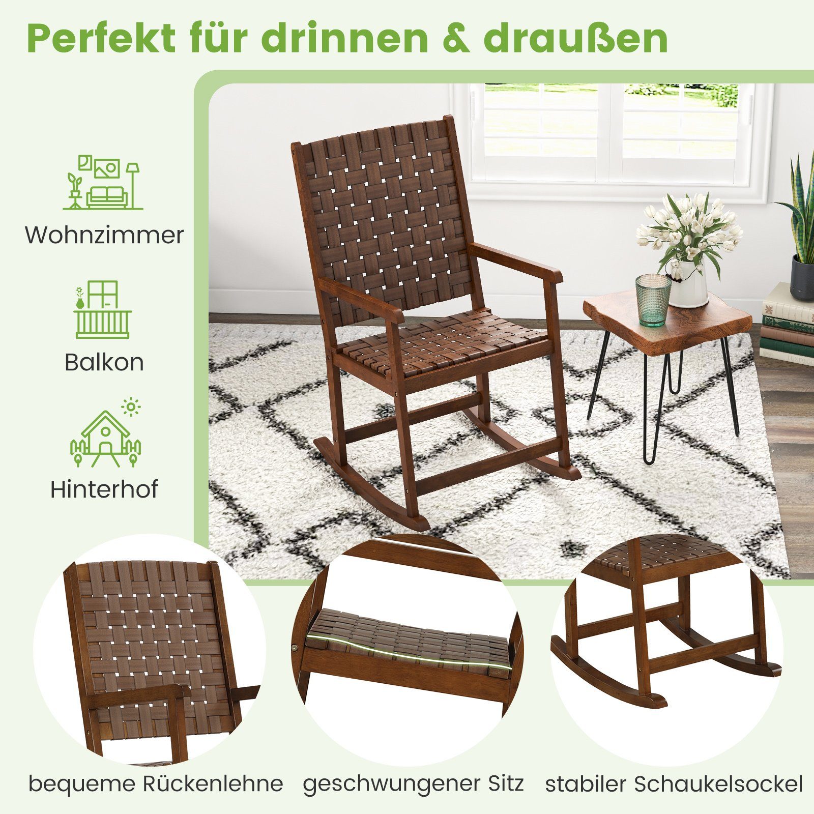 COSTWAY Schaukelstuhl, Garten, mit Armlehne, Wippfunktion, Holz, 100kg