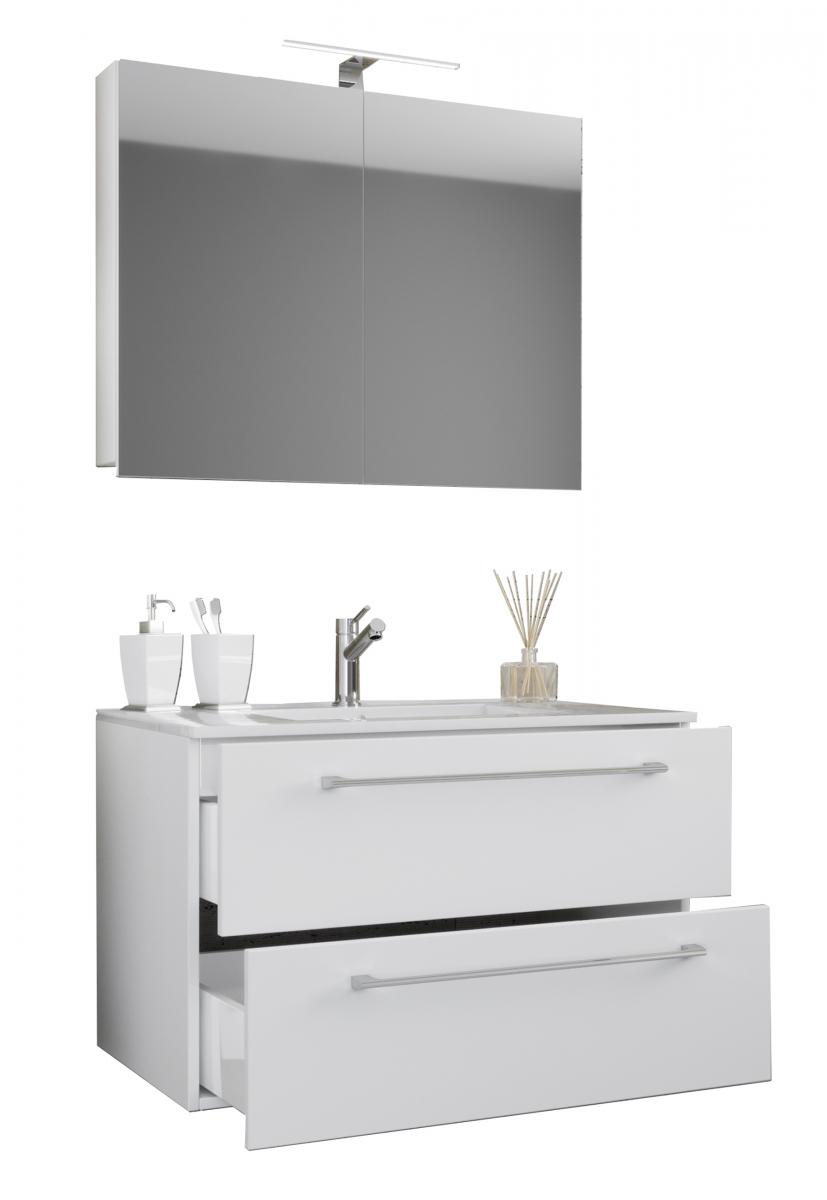 VCM 3-tlg. Waschplatz 80cm 2 Schubfächer | Mit Spiegelschrank Weiß