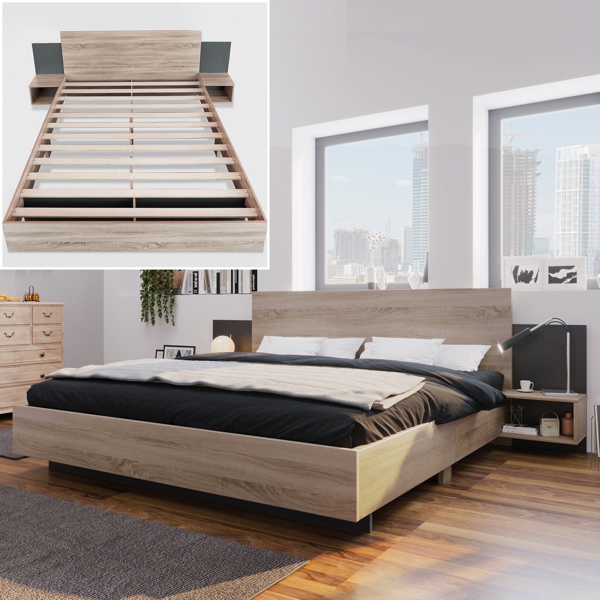OKWISH Massivholzbett Natur Bett Solide (160x200cm mit Lattenrost ohne Matratze), mit 2 Nachtkommoden Modernes Bett inkl