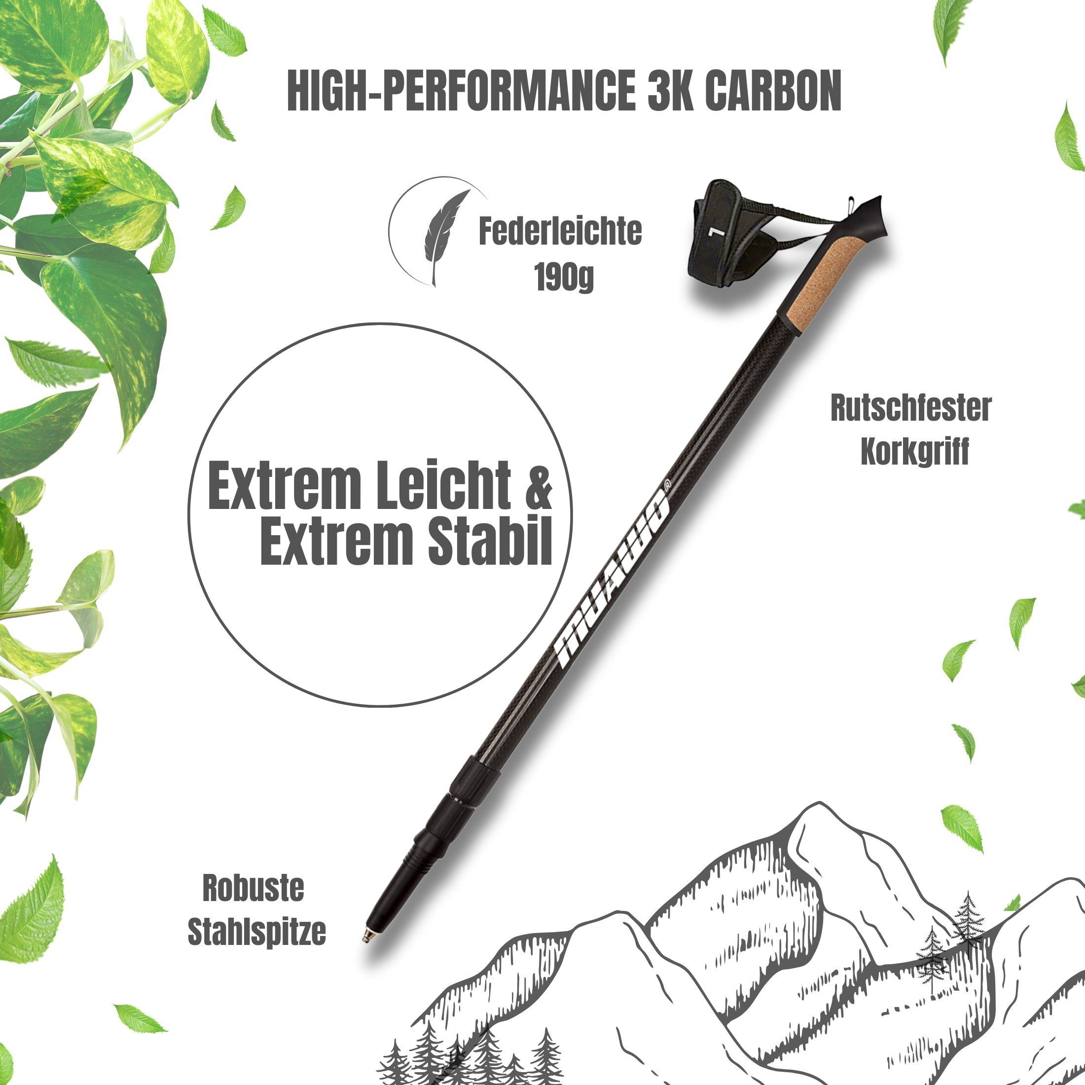 Muawo Nordic-Walking-Stöcke Premium Carbon verstellbar Teleskopstock (praktischer Beutel, Vollständiges Nordic Walking Set mit allen Aufsätzen), federleicht und ultrarobust, Carbon, verstellbar, ergonomisch