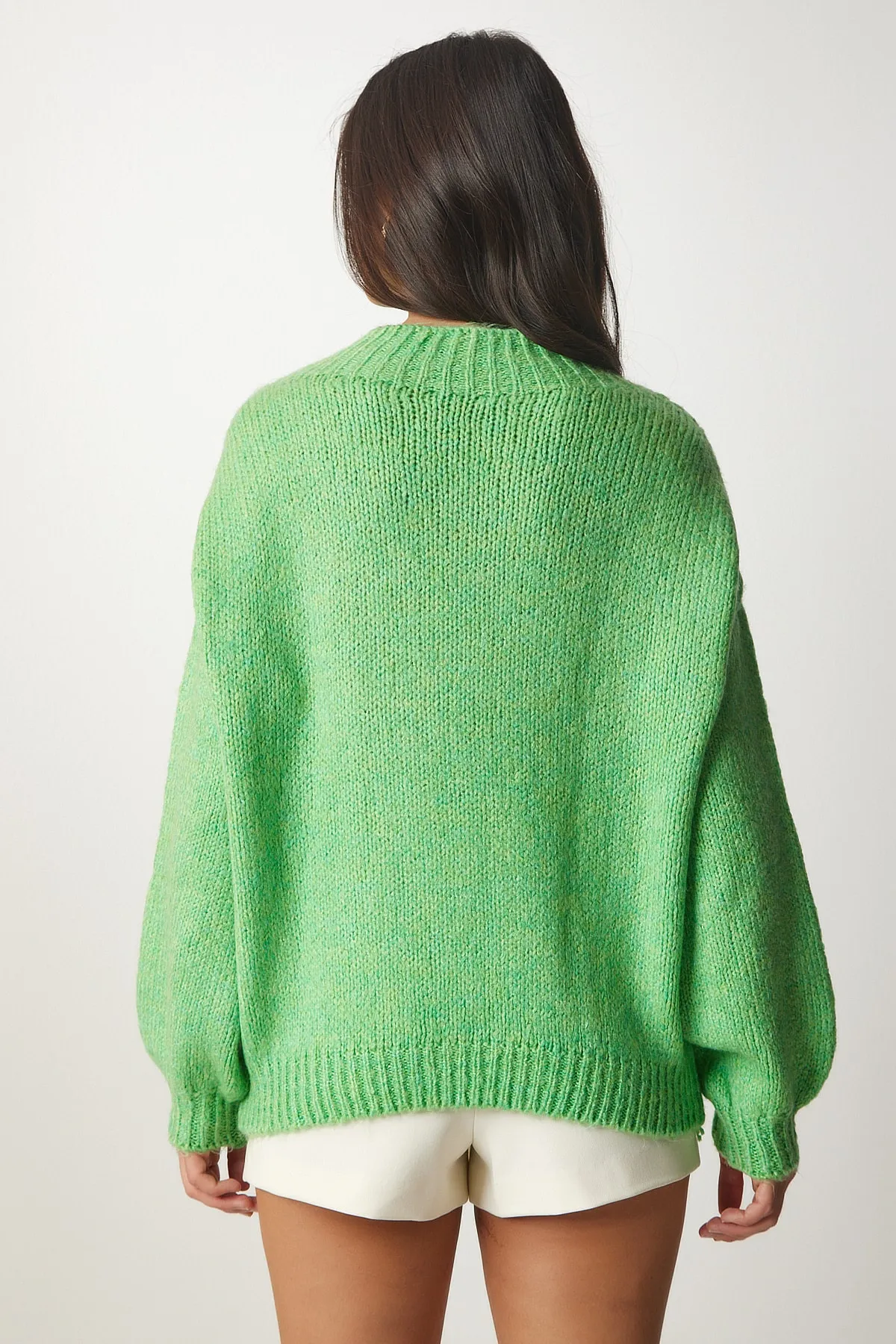 Happiness İstanbul  Hellgrüner Basic-Strickpullover mit Stehkragen für Damen MX00127