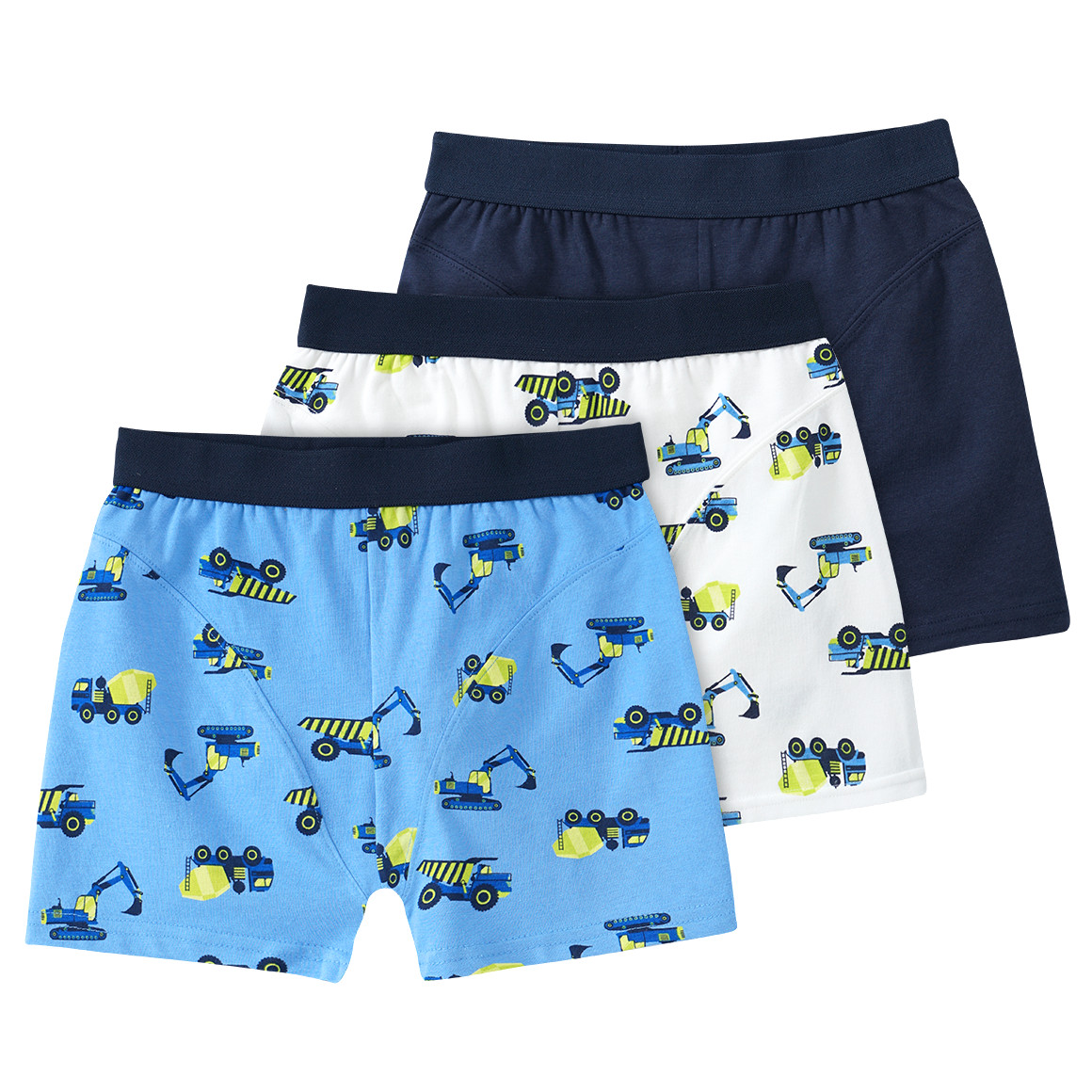 3 Jungen Boxer mit Baustellenfahrzeugen