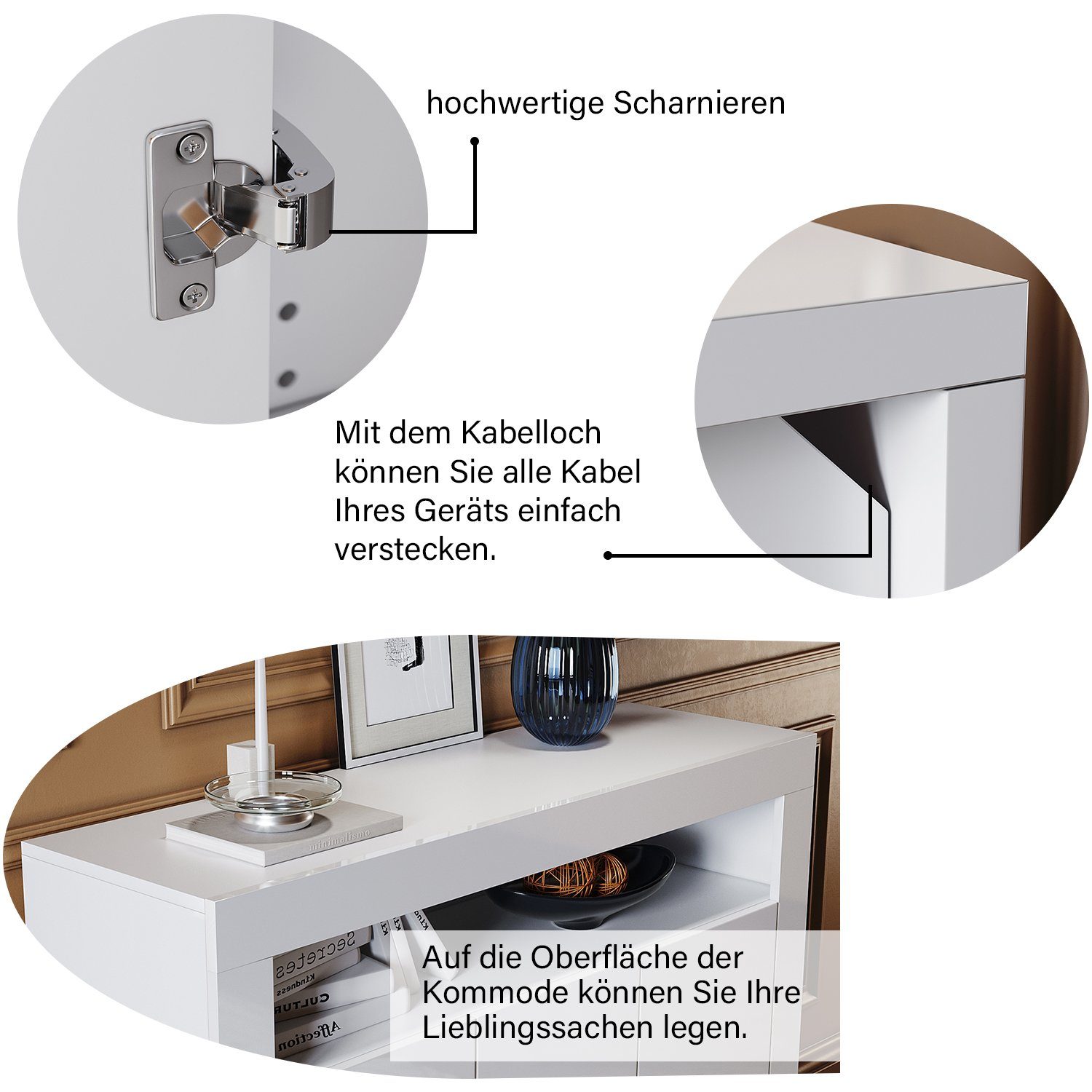 SONNI Highboard Sideboard weiß Hochglanz mit LED Beleuchtung 116x93x35cm, mit flexible Einlegeböden, Kommode, Highboards, Standschrank