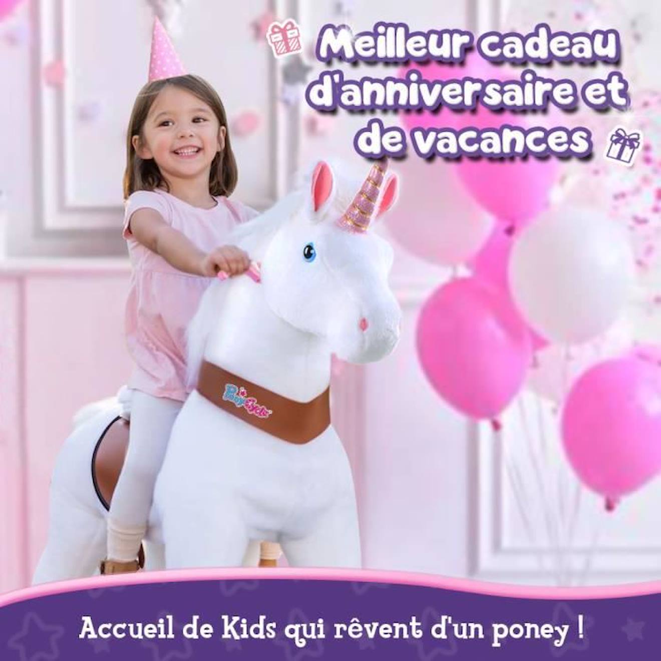 PonyCycle Modèle U Animal qui marche Peluche licorne blanche à roulettes avec frein Taille 4 pour les 4-9 ans Ux404 blanc