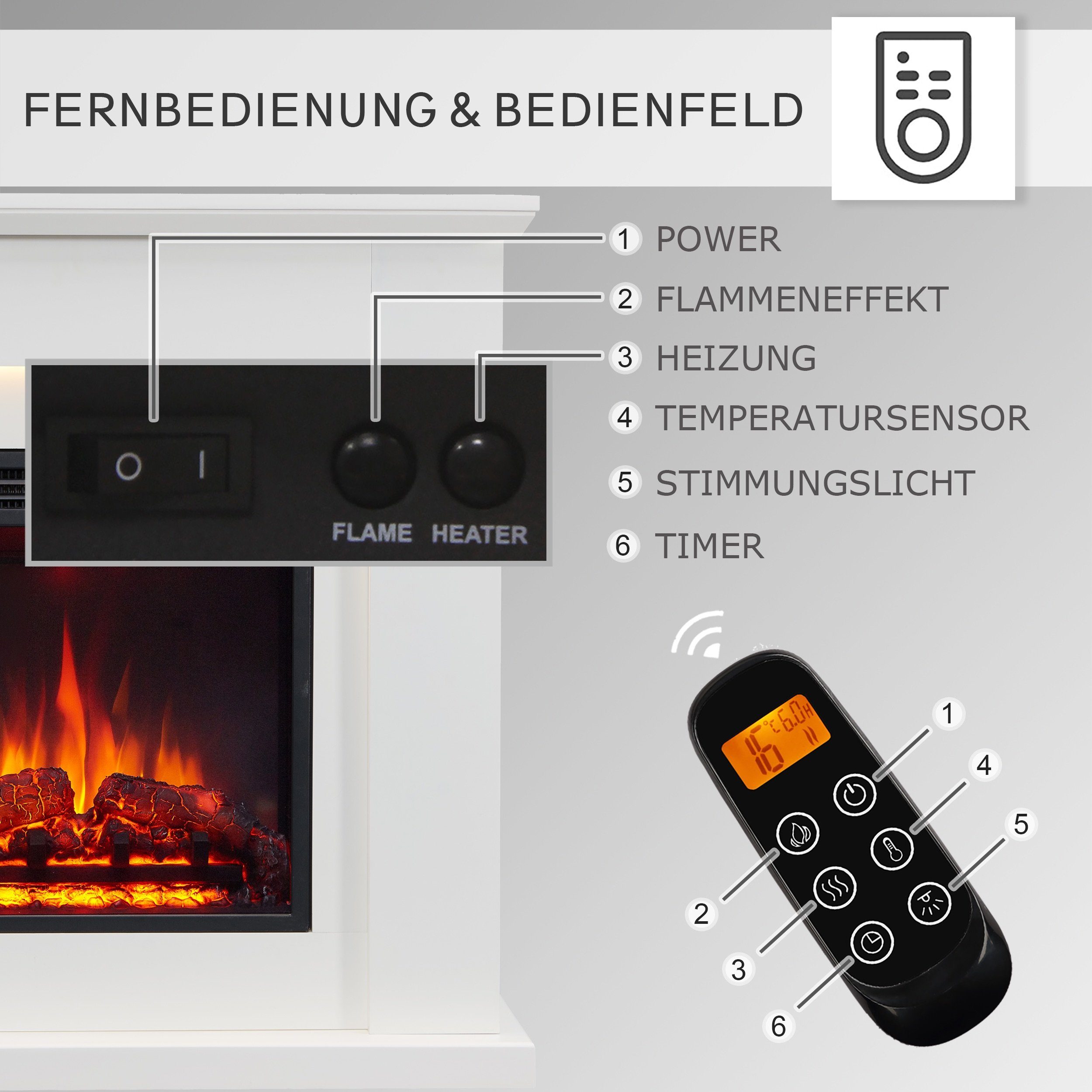 Balderia Elektrokamin Pandora, Heizung, LED-Beleuchtung, 3D-Flammeneffekt & Fernbedienung