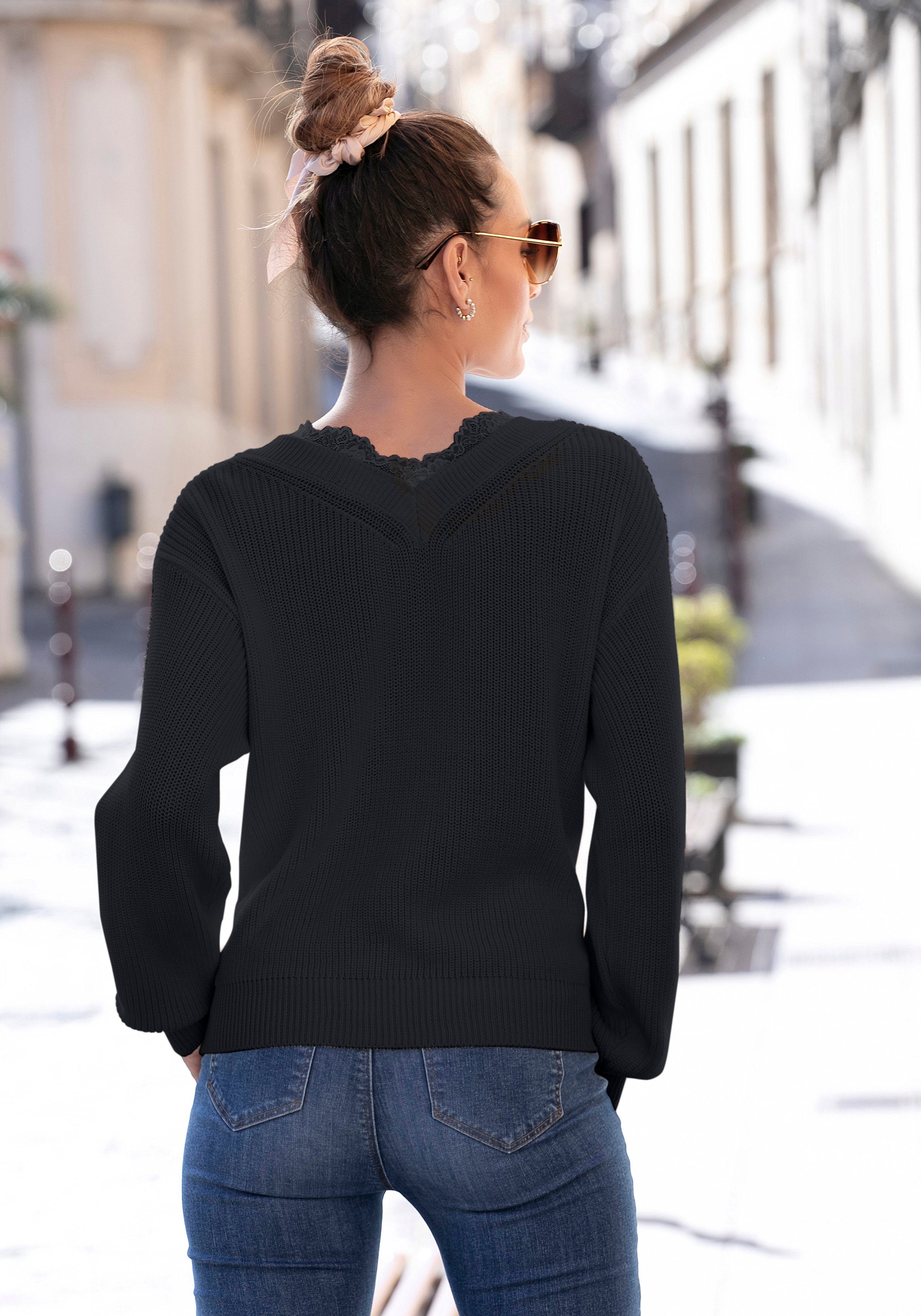 LASCANA Strickpullover mit Spitzenbesatz