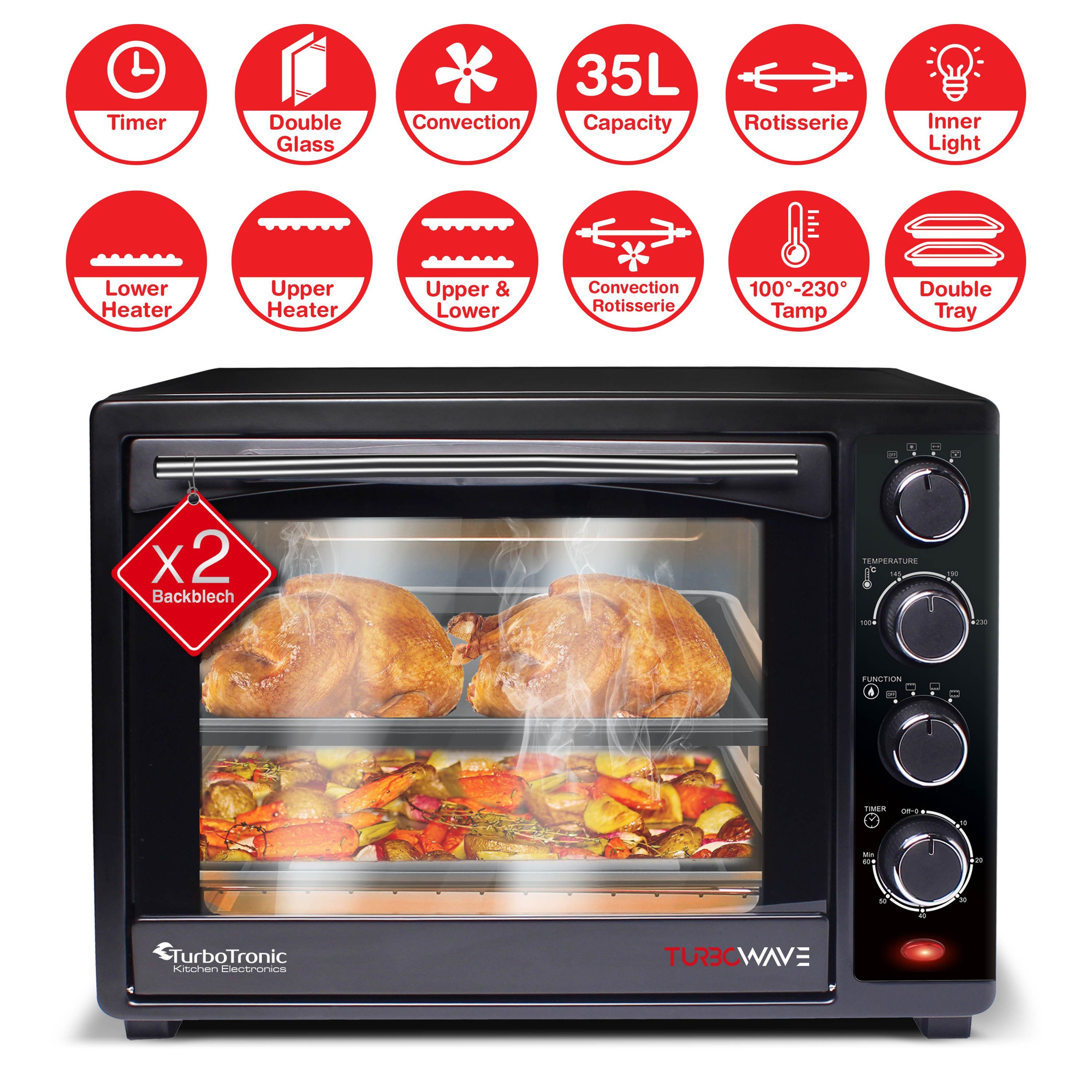 TurboTronic by Z-Line Minibackofen 35 Liter Schwarz, inkl. 1x Grillrost & 2x Backblech 1600W Camping, Pizzaofen 100-230°C Tischbackofen, mit Drehspieß