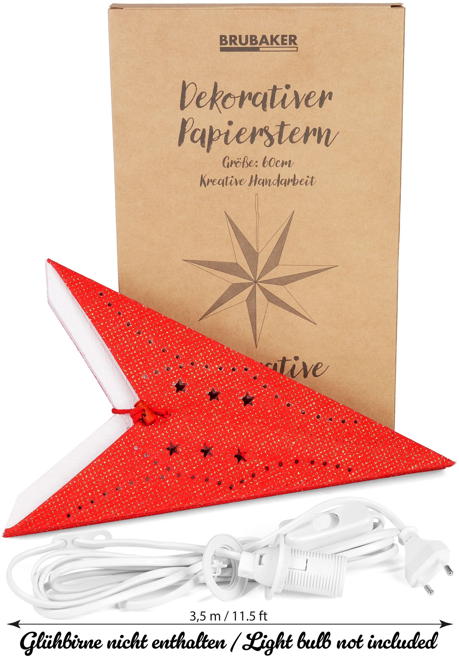 BRUBAKER Dekostern 3D Weihnachtsstern zum Aufhängen - Fenster Papierstern mit E14 Fassung, 1 St., 60 cm Deko Adventsstern - Weihnachten Leuchtstern mit 3,5 m Kabel