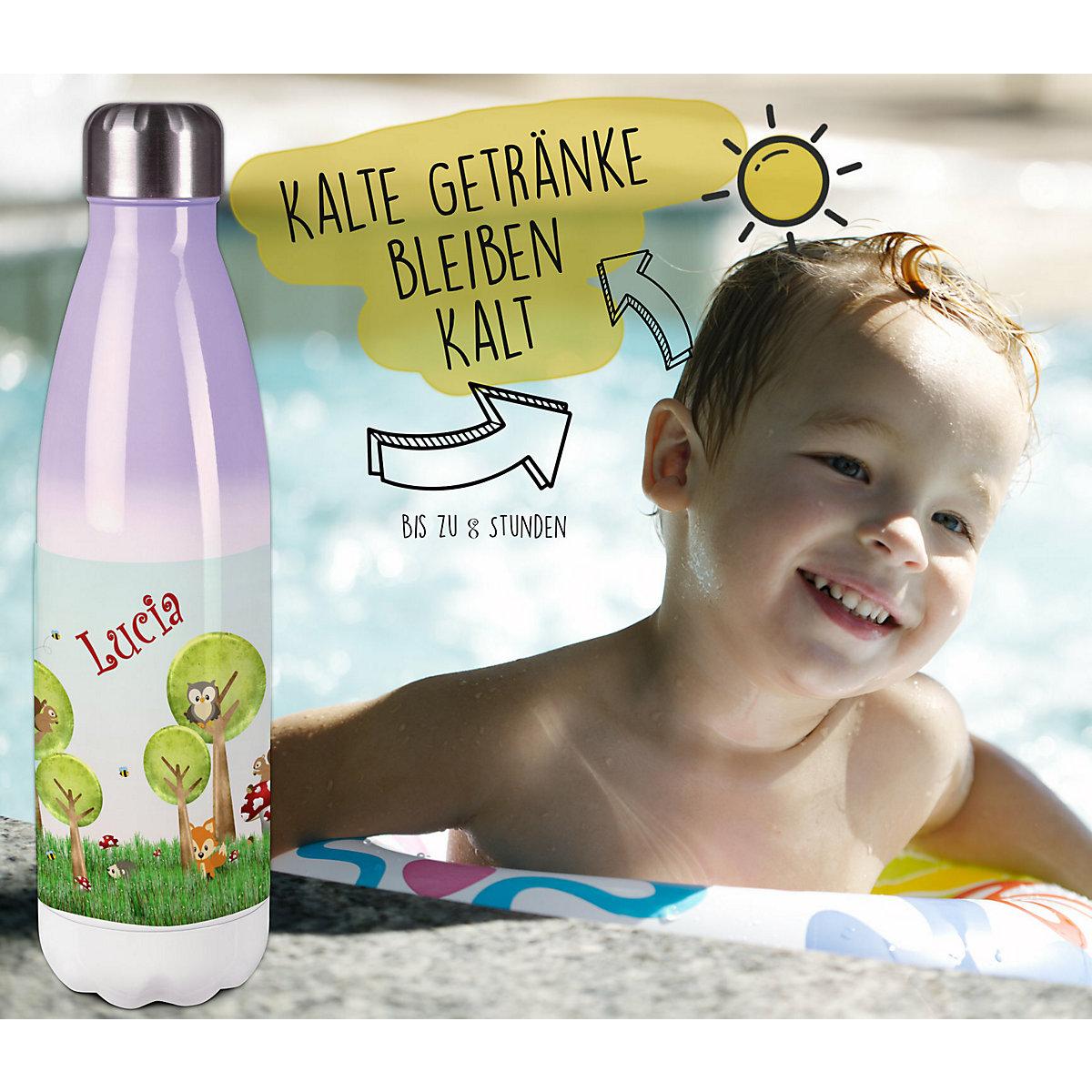 Edelstahl Kinder Thermoflasche / Trinkflasche bunt Waldwiese Spülmaschinenfest, Auslaufsicher, Bruchfest, Doppelwandig, Für Heißgetränke geeignet, Mit Deckel, Isoliert