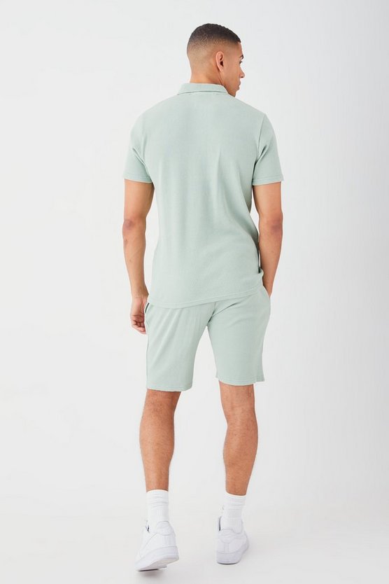 Slim-Fit Poloshirt & Shorts in Waffeloptik
