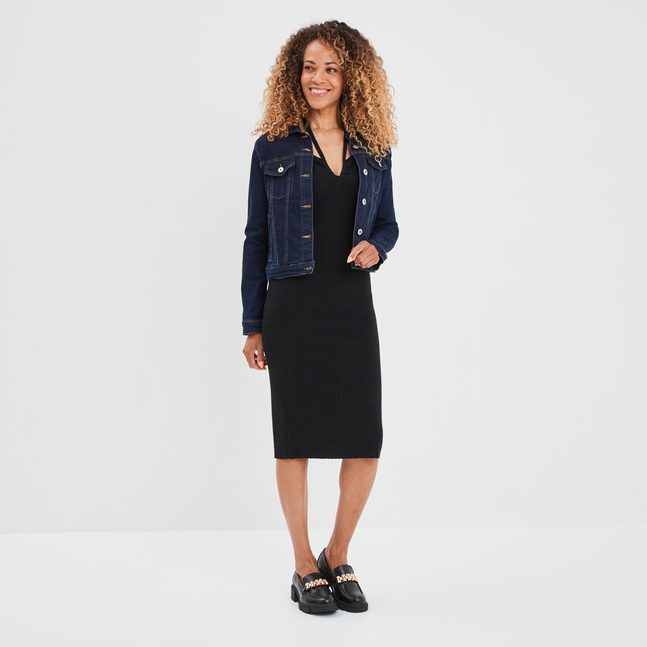 Robe pull moulante à bretelles nouées noir femme | La Halle