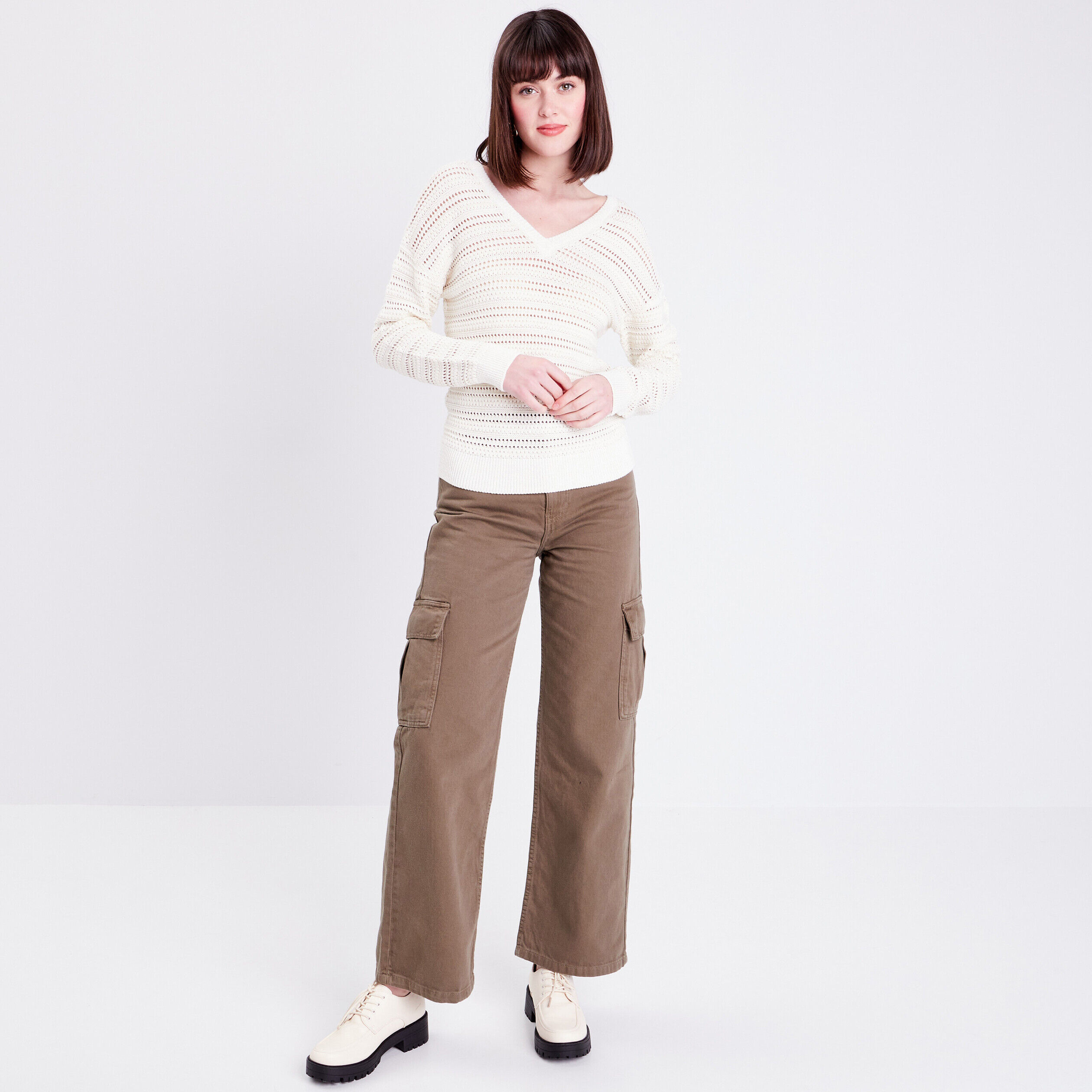 Pull ajouré col en V ecru femme | Cache Cache