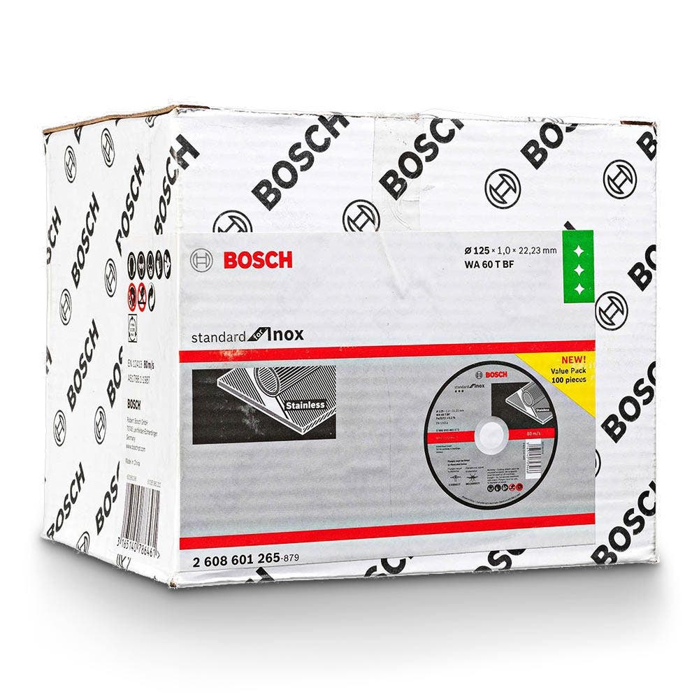 Disco de corte BOSCH 125 x 1,0 mm para aço e aço inoxidável – PADRÃO para aço inoxidável – 100 peças