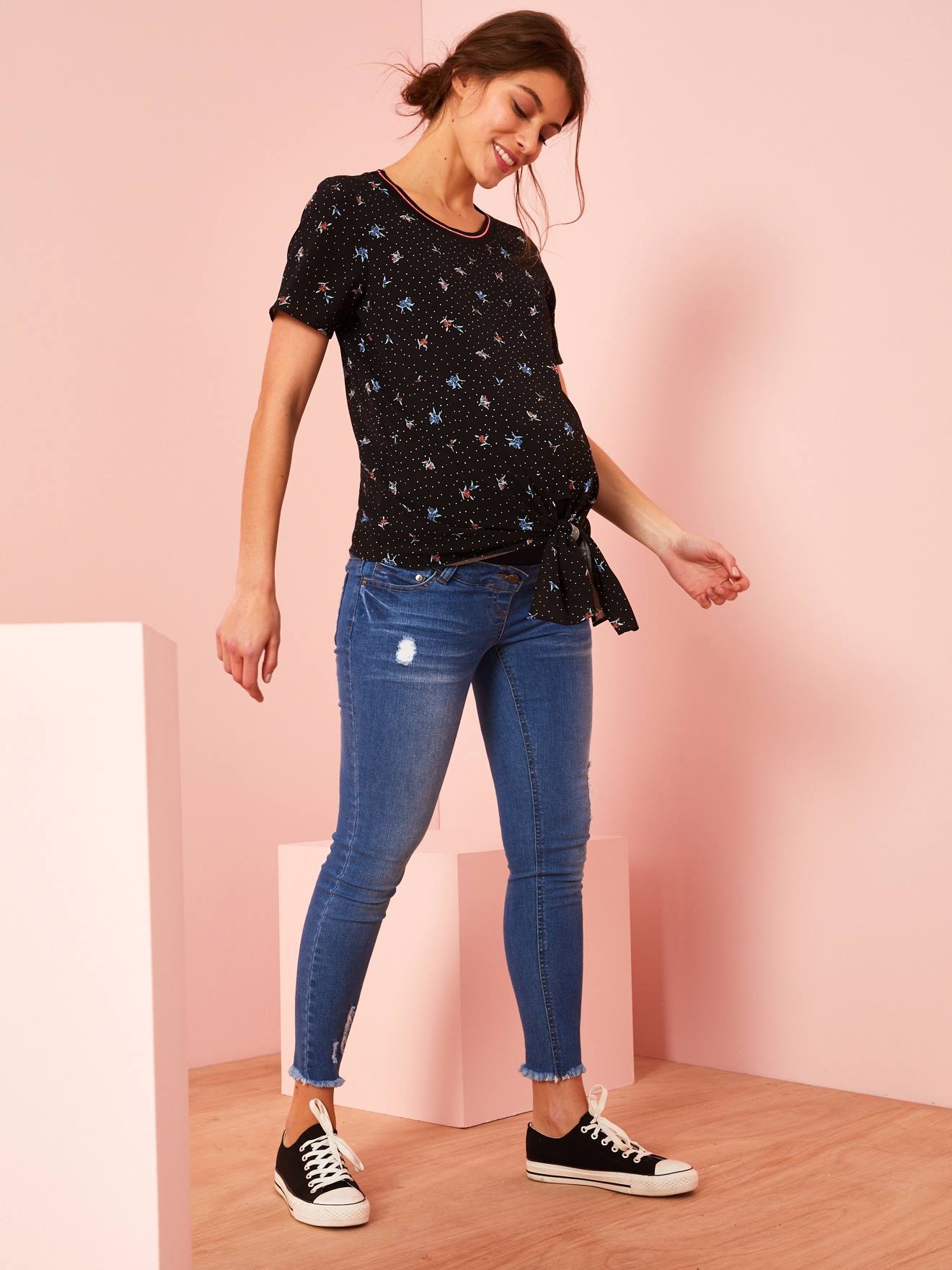 T-shirt noué de grossesse noir imprime fleurs