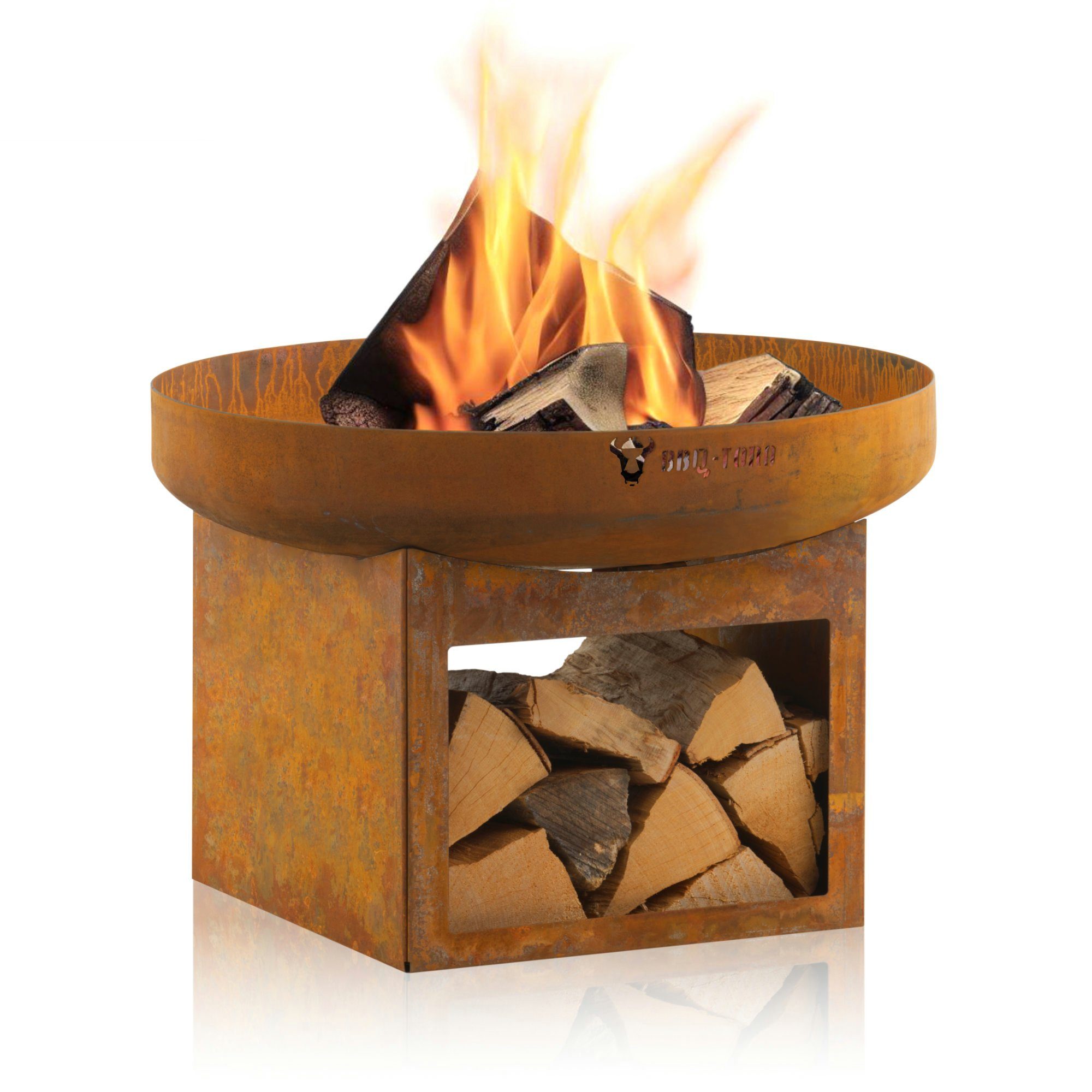 BBQ-Toro Feuerschale Ø 60 cm, Rostoptik, Outdoor Feuerstelle mit Holzlagerfach, (Feuerstelle mit Holzlagerfach)