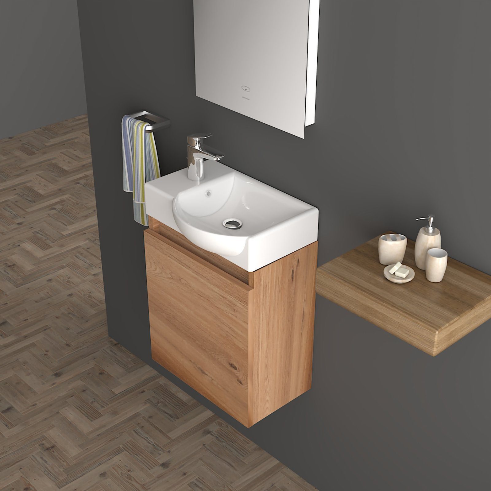 Alpenberger Badmöbel-Set Badschrank in Bamboo Optik mit Keramik Waschbecken, (2-tlg., Badmöbel Set Vormontiert), Eckig ovales Becken mit Überlauf, eintüriger Badschrank mit Softclose