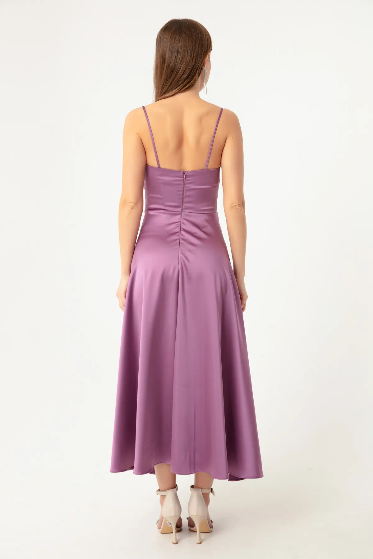 Lafaba  Lavendelfarbenes Midi-Abendkleid und Abschlusskleid aus Satin mit Taillengürtel und Seilriemen für Damen