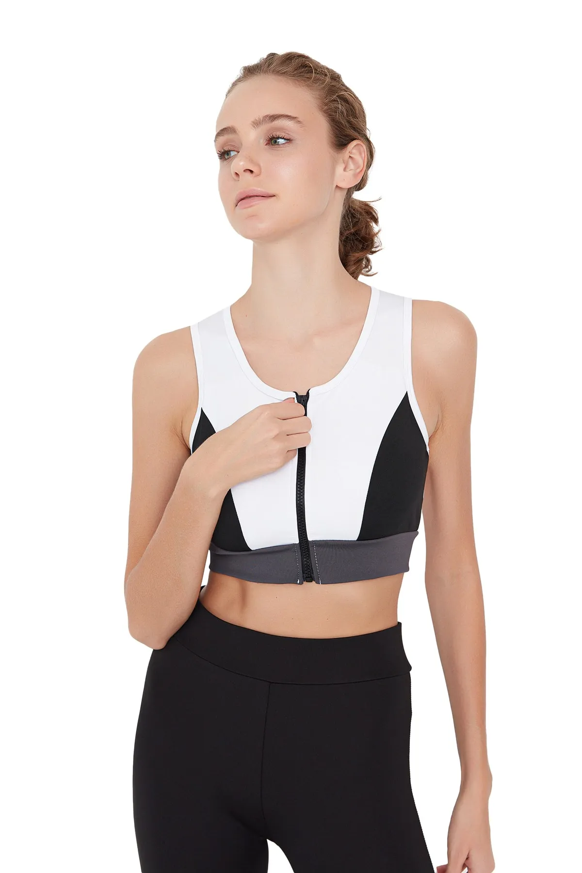 Trendyol Collection  Weißer, farbblockierter, unterstützter/formender gestrickter Sport-BH mit Reißverschluss TWOAW21SS0005