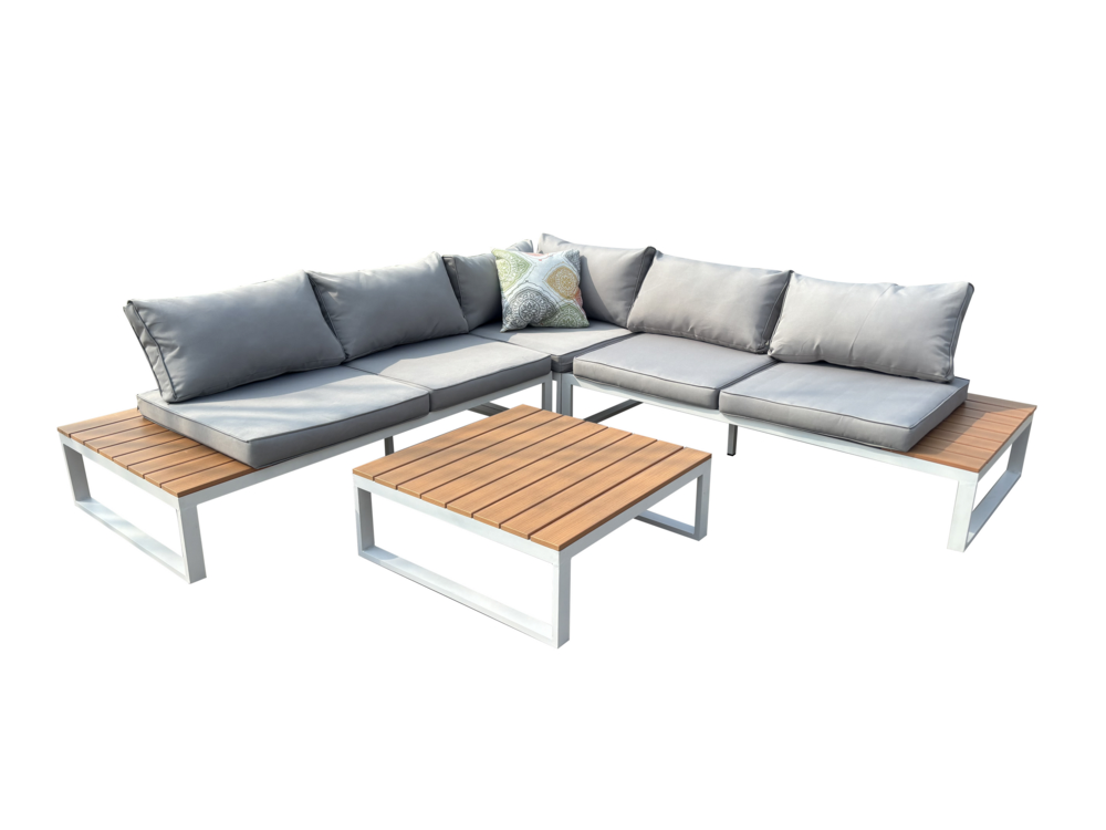 Happy Home Happy Home 14 tlg. Loungeset aus Aluminium inkl. Auflagen HGS64-HGR hellgrau mit Holzoptik